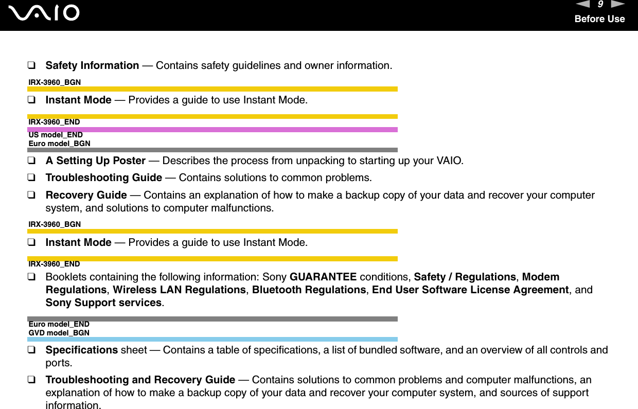 9nNBefore Use❑Safety Information — Contains safety guidelines and owner information.IRX-3960_BGN❑Instant Mode — Provides a guide to use Instant Mode.IRX-3960_ENDUS model_ENDEuro model_BGN❑A Setting Up Poster — Describes the process from unpacking to starting up your VAIO.❑Troubleshooting Guide — Contains solutions to common problems.❑Recovery Guide — Contains an explanation of how to make a backup copy of your data and recover your computer system, and solutions to computer malfunctions.IRX-3960_BGN❑Instant Mode — Provides a guide to use Instant Mode.IRX-3960_END❑Booklets containing the following information: Sony GUARANTEE conditions, Safety / Regulations, Modem Regulations, Wireless LAN Regulations, Bluetooth Regulations, End User Software License Agreement, and Sony Support services.Euro model_ENDGVD model_BGN❑Specifications sheet — Contains a table of specifications, a list of bundled software, and an overview of all controls and ports.❑Troubleshooting and Recovery Guide — Contains solutions to common problems and computer malfunctions, an explanation of how to make a backup copy of your data and recover your computer system, and sources of support information.