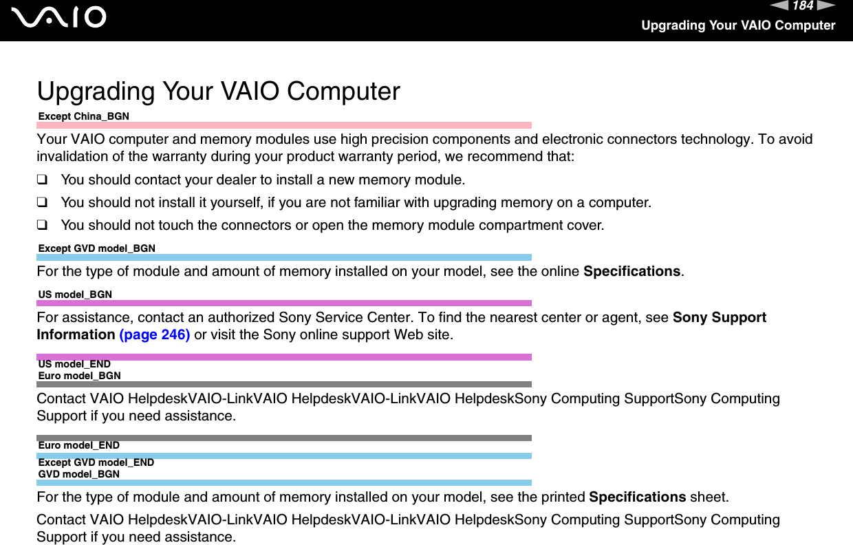 184nNUpgrading Your VAIO ComputerUpgrading Your VAIO ComputerExcept China_BGNYour VAIO computer and memory modules use high precision components and electronic connectors technology. To avoid invalidation of the warranty during your product warranty period, we recommend that:❑You should contact your dealer to install a new memory module.❑You should not install it yourself, if you are not familiar with upgrading memory on a computer.❑You should not touch the connectors or open the memory module compartment cover.Except GVD model_BGNFor the type of module and amount of memory installed on your model, see the online Specifications.US model_BGNFor assistance, contact an authorized Sony Service Center. To find the nearest center or agent, see Sony Support Information (page 246) or visit the Sony online support Web site.US model_ENDEuro model_BGNContact VAIO HelpdeskVAIO-LinkVAIO HelpdeskVAIO-LinkVAIO HelpdeskSony Computing SupportSony Computing Support if you need assistance.Euro model_ENDExcept GVD model_ENDGVD model_BGNFor the type of module and amount of memory installed on your model, see the printed Specifications sheet.Contact VAIO HelpdeskVAIO-LinkVAIO HelpdeskVAIO-LinkVAIO HelpdeskSony Computing SupportSony Computing Support if you need assistance.