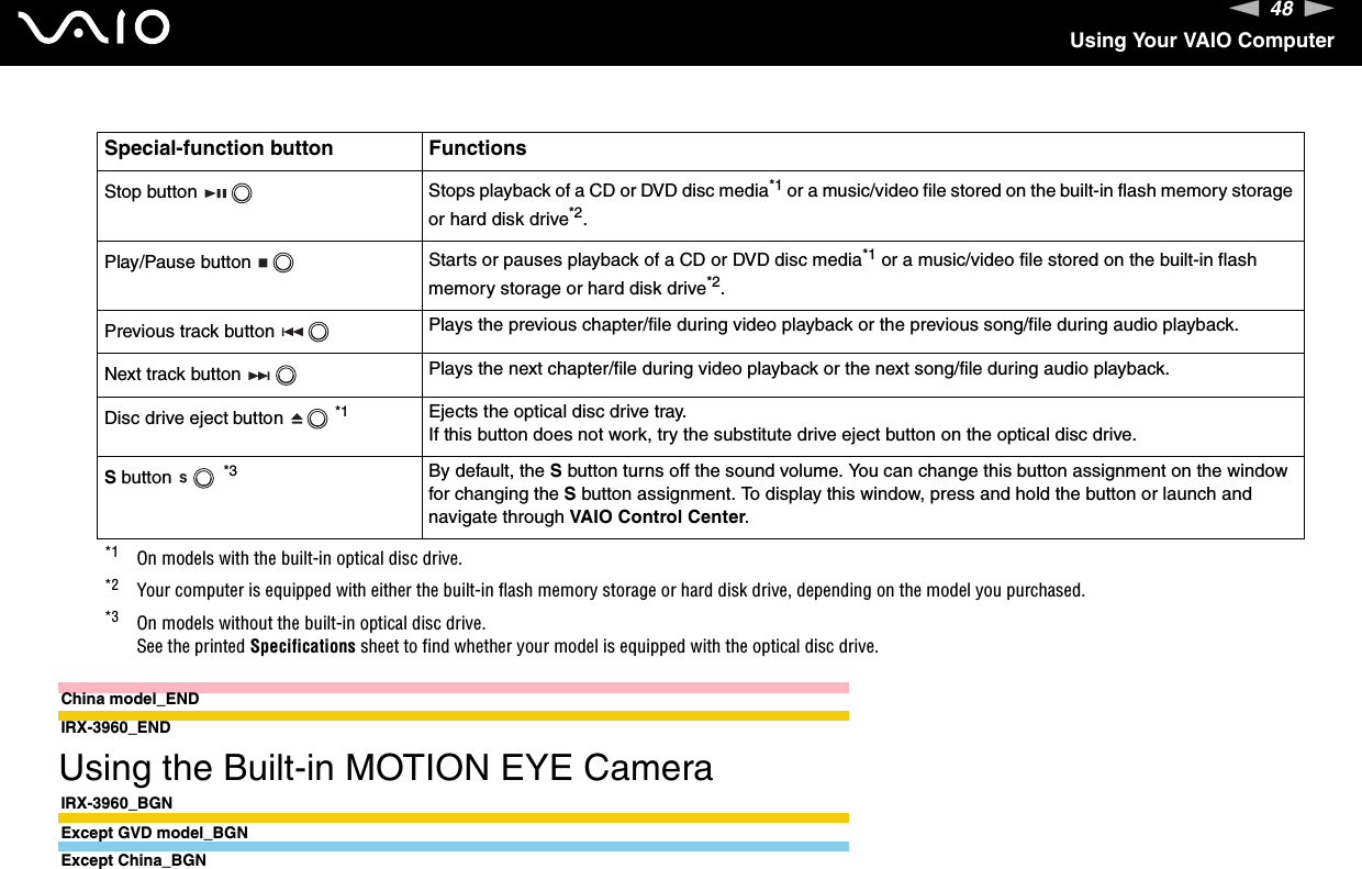 48nNUsing Your VAIO ComputerChina model_ENDIRX-3960_END Using the Built-in MOTION EYE CameraIRX-3960_BGNExcept GVD model_BGNExcept China_BGNStop button  Stops playback of a CD or DVD disc media*1 or a music/video file stored on the built-in flash memory storage or hard disk drive*2.Play/Pause button  Starts or pauses playback of a CD or DVD disc media*1 or a music/video file stored on the built-in flash memory storage or hard disk drive*2.Previous track button  Plays the previous chapter/file during video playback or the previous song/file during audio playback.Next track button  Plays the next chapter/file during video playback or the next song/file during audio playback.Disc drive eject button  *1 Ejects the optical disc drive tray.If this button does not work, try the substitute drive eject button on the optical disc drive.S button   *3 By default, the S button turns off the sound volume. You can change this button assignment on the window for changing the S button assignment. To display this window, press and hold the button or launch and navigate through VAIO Control Center.*1 On models with the built-in optical disc drive.*2 Your computer is equipped with either the built-in flash memory storage or hard disk drive, depending on the model you purchased.*3 On models without the built-in optical disc drive.See the printed Specifications sheet to find whether your model is equipped with the optical disc drive.Special-function button Functions