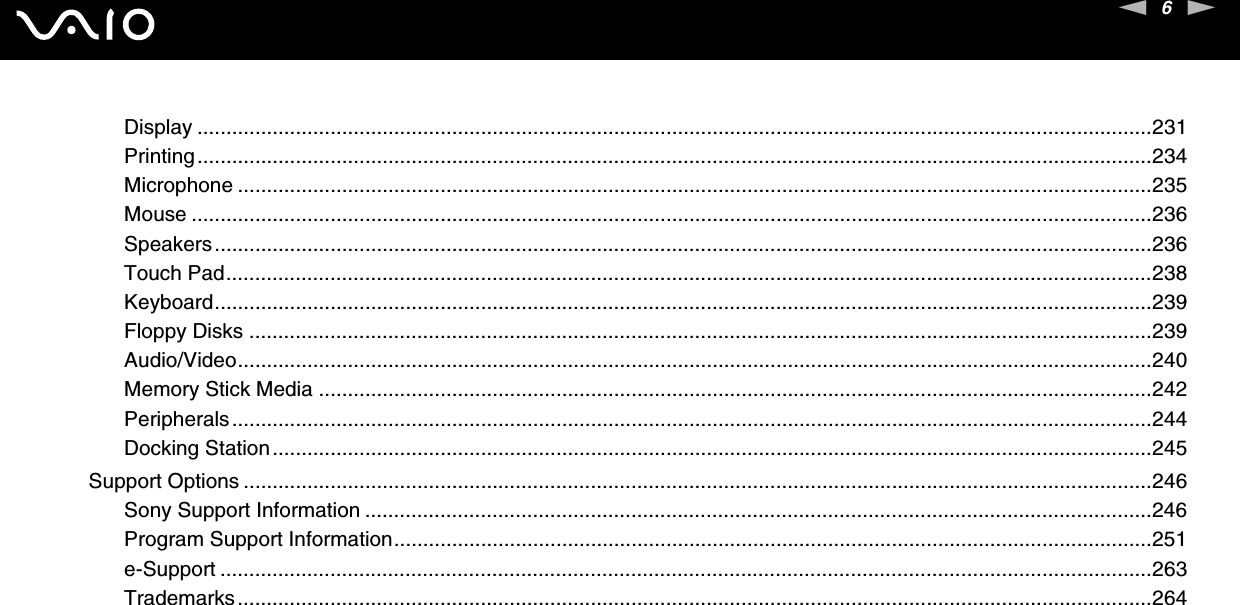6nNDisplay .....................................................................................................................................................................231Printing.....................................................................................................................................................................234Microphone ..............................................................................................................................................................235Mouse ......................................................................................................................................................................236Speakers..................................................................................................................................................................236Touch Pad................................................................................................................................................................238Keyboard..................................................................................................................................................................239Floppy Disks ............................................................................................................................................................239Audio/Video..............................................................................................................................................................240Memory Stick Media ................................................................................................................................................242Peripherals...............................................................................................................................................................244Docking Station........................................................................................................................................................245Support Options .............................................................................................................................................................246Sony Support Information ........................................................................................................................................246Program Support Information...................................................................................................................................251e-Support .................................................................................................................................................................263Trademarks..............................................................................................................................................................264