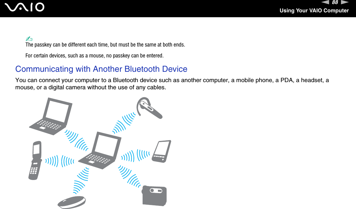 88nNUsing Your VAIO Computer✍The passkey can be different each time, but must be the same at both ends.For certain devices, such as a mouse, no passkey can be entered.Communicating with Another Bluetooth DeviceYou can connect your computer to a Bluetooth device such as another computer, a mobile phone, a PDA, a headset, a mouse, or a digital camera without the use of any cables.