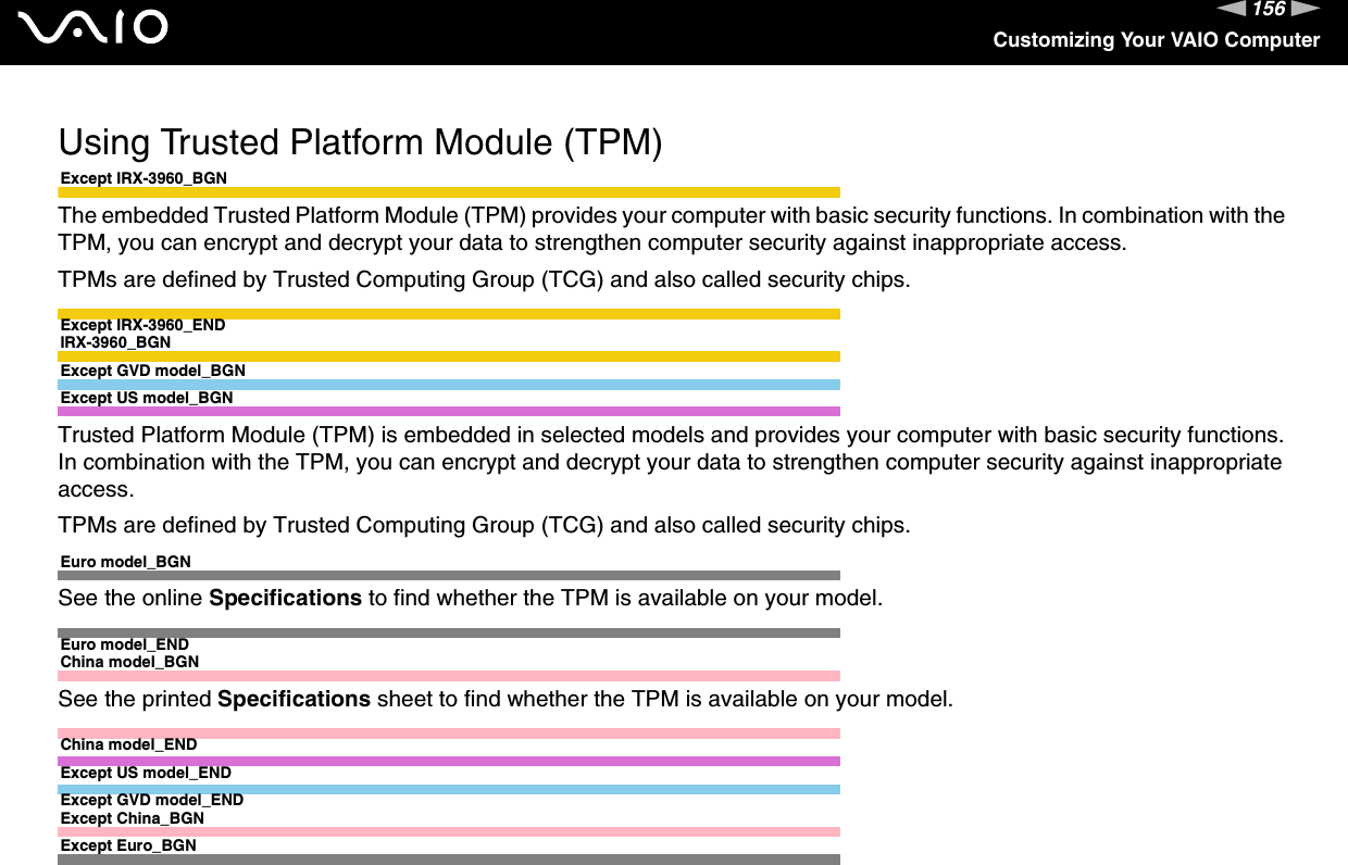 156nNCustomizing Your VAIO ComputerUsing Trusted Platform Module (TPM)Except IRX-3960_BGNThe embedded Trusted Platform Module (TPM) provides your computer with basic security functions. In combination with the TPM, you can encrypt and decrypt your data to strengthen computer security against inappropriate access.TPMs are defined by Trusted Computing Group (TCG) and also called security chips.Except IRX-3960_ENDIRX-3960_BGNExcept GVD model_BGNExcept US model_BGNTrusted Platform Module (TPM) is embedded in selected models and provides your computer with basic security functions. In combination with the TPM, you can encrypt and decrypt your data to strengthen computer security against inappropriate access.TPMs are defined by Trusted Computing Group (TCG) and also called security chips.Euro model_BGNSee the online Specifications to find whether the TPM is available on your model.Euro model_ENDChina model_BGNSee the printed Specifications sheet to find whether the TPM is available on your model.China model_ENDExcept US model_ENDExcept GVD model_ENDExcept China_BGNExcept Euro_BGN