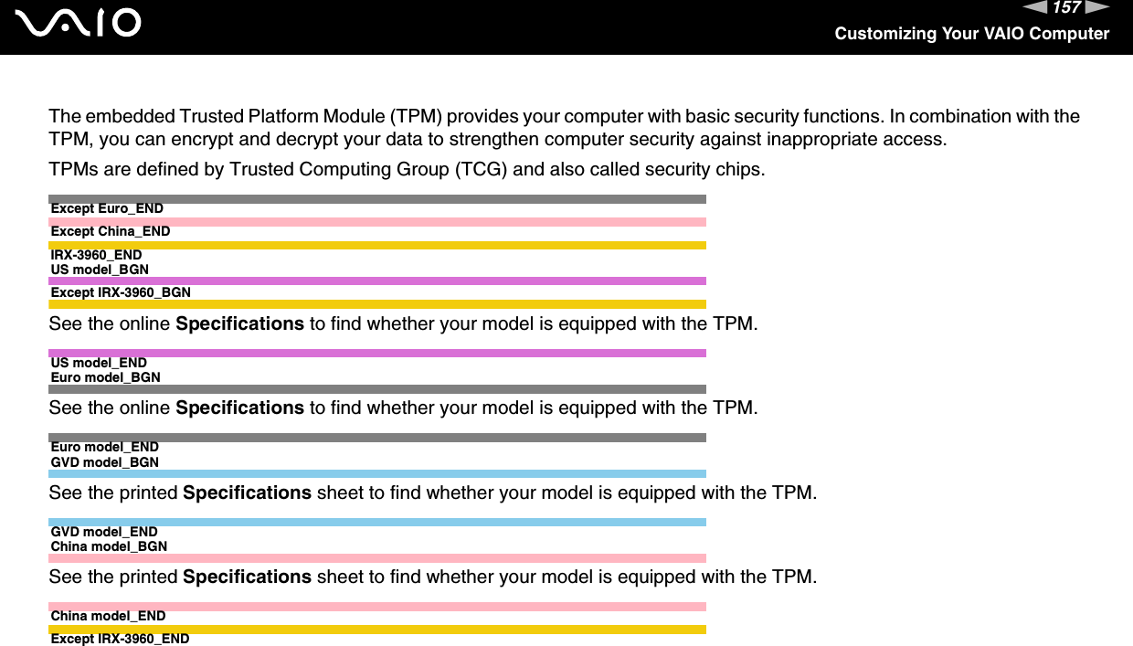 157nNCustomizing Your VAIO ComputerThe embedded Trusted Platform Module (TPM) provides your computer with basic security functions. In combination with the TPM, you can encrypt and decrypt your data to strengthen computer security against inappropriate access.TPMs are defined by Trusted Computing Group (TCG) and also called security chips.Except Euro_ENDExcept China_ENDIRX-3960_ENDUS model_BGNExcept IRX-3960_BGNSee the online Specifications to find whether your model is equipped with the TPM.US model_ENDEuro model_BGNSee the online Specifications to find whether your model is equipped with the TPM.Euro model_ENDGVD model_BGNSee the printed Specifications sheet to find whether your model is equipped with the TPM.GVD model_ENDChina model_BGNSee the printed Specifications sheet to find whether your model is equipped with the TPM.China model_ENDExcept IRX-3960_END