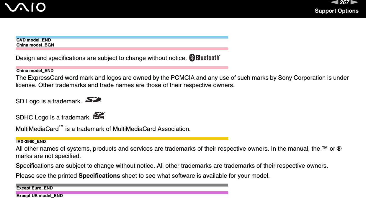 267nNSupport OptionsGVD model_ENDChina model_BGNDesign and specifications are subject to change without notice. China model_ENDThe ExpressCard word mark and logos are owned by the PCMCIA and any use of such marks by Sony Corporation is under license. Other trademarks and trade names are those of their respective owners.SD Logo is a trademark.SDHC Logo is a trademark.MultiMediaCard™ is a trademark of MultiMediaCard Association.IRX-3960_ENDAll other names of systems, products and services are trademarks of their respective owners. In the manual, the ™ or ® marks are not specified.Specifications are subject to change without notice. All other trademarks are trademarks of their respective owners.Please see the printed Specifications sheet to see what software is available for your model.Except Euro_END Except US model_END
