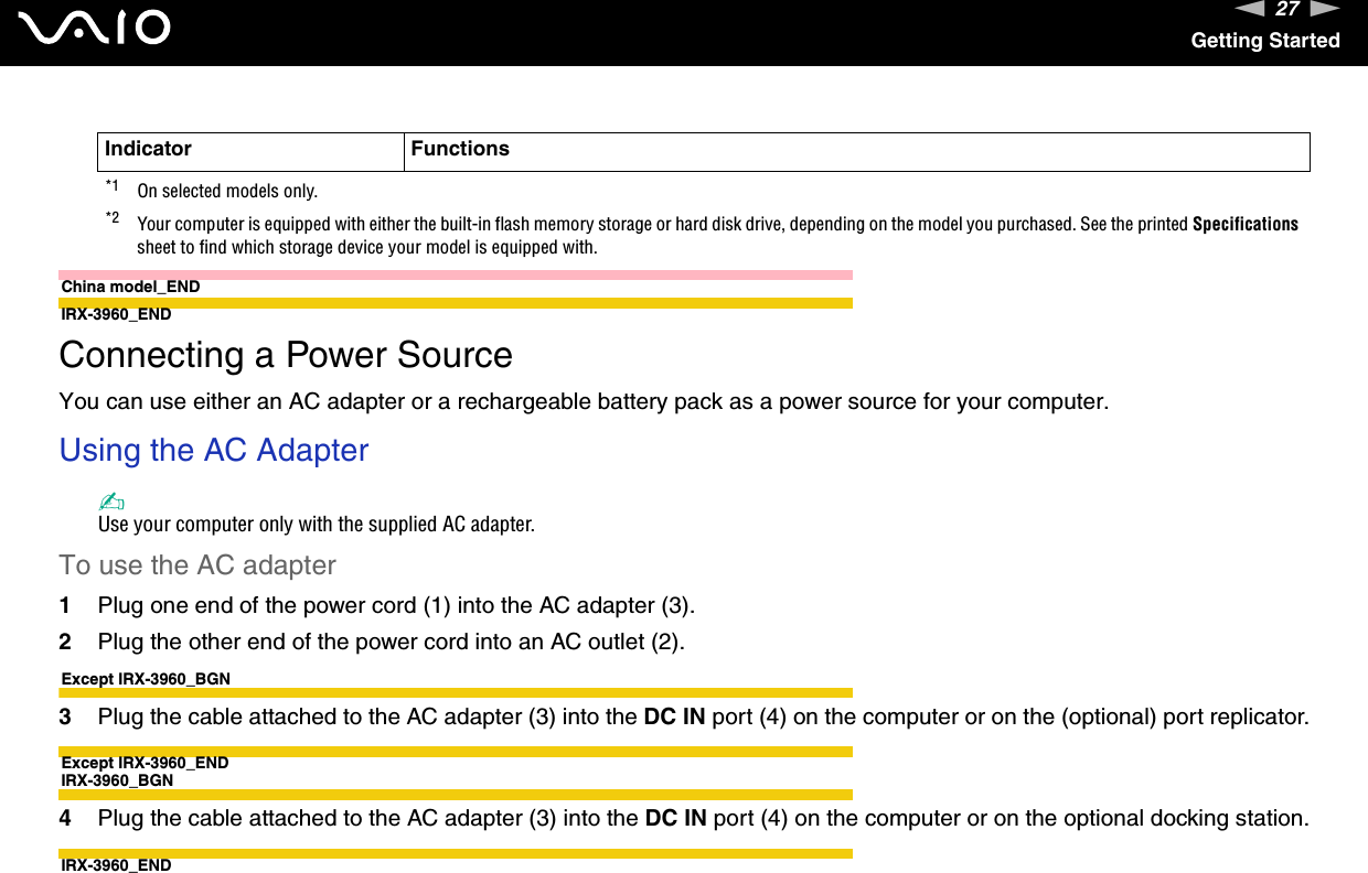 27nNGetting StartedChina model_ENDIRX-3960_END Connecting a Power SourceYou can use either an AC adapter or a rechargeable battery pack as a power source for your computer.Using the AC Adapter✍Use your computer only with the supplied AC adapter.To use the AC adapter1Plug one end of the power cord (1) into the AC adapter (3).2Plug the other end of the power cord into an AC outlet (2).Except IRX-3960_BGN3Plug the cable attached to the AC adapter (3) into the DC IN port (4) on the computer or on the (optional) port replicator.Except IRX-3960_ENDIRX-3960_BGN4Plug the cable attached to the AC adapter (3) into the DC IN port (4) on the computer or on the optional docking station.IRX-3960_END*1 On selected models only.*2 Your computer is equipped with either the built-in flash memory storage or hard disk drive, depending on the model you purchased. See the printed Specifications sheet to find which storage device your model is equipped with.Indicator Functions