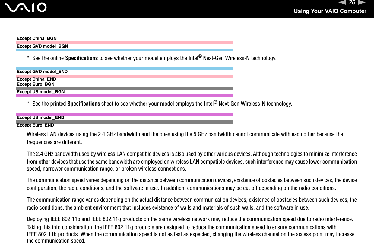 76nNUsing Your VAIO ComputerExcept China_BGNExcept GVD model_BGN*  See the online Specifications to see whether your model employs the Intel® Next-Gen Wireless-N technology.Except GVD model_ENDExcept China_ENDExcept Euro_BGNExcept US model_BGN*  See the printed Specifications sheet to see whether your model employs the Intel® Next-Gen Wireless-N technology.Except US model_ENDExcept Euro_ENDWireless LAN devices using the 2.4 GHz bandwidth and the ones using the 5 GHz bandwidth cannot communicate with each other because the frequencies are different.The 2.4 GHz bandwidth used by wireless LAN compatible devices is also used by other various devices. Although technologies to minimize interference from other devices that use the same bandwidth are employed on wireless LAN compatible devices, such interference may cause lower communication speed, narrower communication range, or broken wireless connections.The communication speed varies depending on the distance between communication devices, existence of obstacles between such devices, the device configuration, the radio conditions, and the software in use. In addition, communications may be cut off depending on the radio conditions.The communication range varies depending on the actual distance between communication devices, existence of obstacles between such devices, the radio conditions, the ambient environment that includes existence of walls and materials of such walls, and the software in use.Deploying IEEE 802.11b and IEEE 802.11g products on the same wireless network may reduce the communication speed due to radio interference. Taking this into consideration, the IEEE 802.11g products are designed to reduce the communication speed to ensure communications with IEEE 802.11b products. When the communication speed is not as fast as expected, changing the wireless channel on the access point may increase the communication speed.