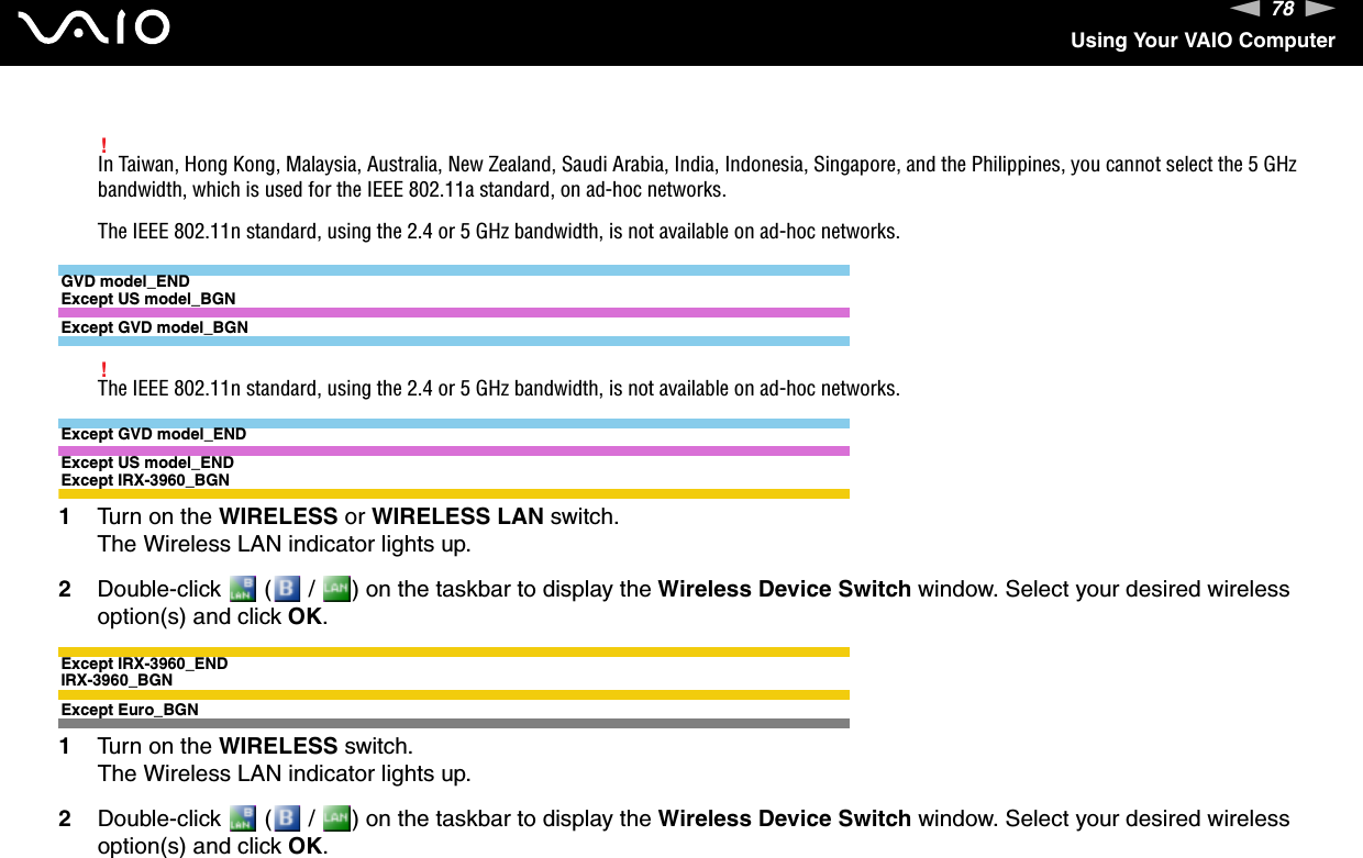 78nNUsing Your VAIO Computer!In Taiwan, Hong Kong, Malaysia, Australia, New Zealand, Saudi Arabia, India, Indonesia, Singapore, and the Philippines, you cannot select the 5 GHz bandwidth, which is used for the IEEE 802.11a standard, on ad-hoc networks.The IEEE 802.11n standard, using the 2.4 or 5 GHz bandwidth, is not available on ad-hoc networks.GVD model_ENDExcept US model_BGNExcept GVD model_BGN!The IEEE 802.11n standard, using the 2.4 or 5 GHz bandwidth, is not available on ad-hoc networks.Except GVD model_ENDExcept US model_ENDExcept IRX-3960_BGN1Turn on the WIRELESS or WIRELESS LAN switch.The Wireless LAN indicator lights up.2Double-click   (  /  ) on the taskbar to display the Wireless Device Switch window. Select your desired wireless option(s) and click OK.Except IRX-3960_ENDIRX-3960_BGNExcept Euro_BGN1Turn on the WIRELESS switch.The Wireless LAN indicator lights up.2Double-click   (  /  ) on the taskbar to display the Wireless Device Switch window. Select your desired wireless option(s) and click OK.