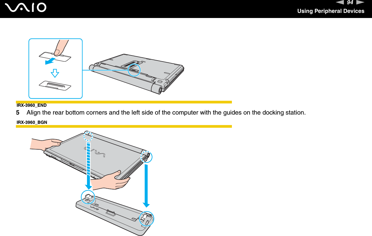 94nNUsing Peripheral DevicesIRX-3960_END5Align the rear bottom corners and the left side of the computer with the guides on the docking station.IRX-3960_BGN