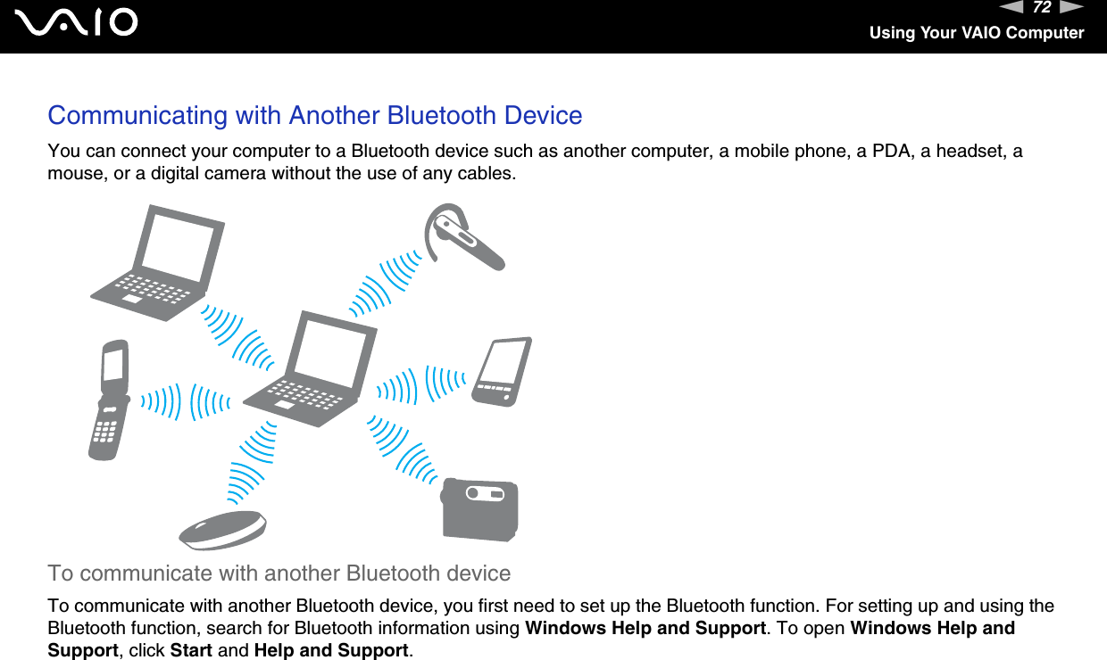 72nNUsing Your VAIO ComputerCommunicating with Another Bluetooth DeviceYou can connect your computer to a Bluetooth device such as another computer, a mobile phone, a PDA, a headset, a mouse, or a digital camera without the use of any cables.To communicate with another Bluetooth deviceTo communicate with another Bluetooth device, you first need to set up the Bluetooth function. For setting up and using the Bluetooth function, search for Bluetooth information using Windows Help and Support. To open Windows Help and Support, click Start and Help and Support. 