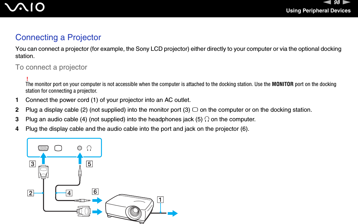 98nNUsing Peripheral DevicesConnecting a ProjectorYou can connect a projector (for example, the Sony LCD projector) either directly to your computer or via the optional docking station.To connect a projector!The monitor port on your computer is not accessible when the computer is attached to the docking station. Use the MONITOR port on the docking station for connecting a projector.1Connect the power cord (1) of your projector into an AC outlet.2Plug a display cable (2) (not supplied) into the monitor port (3) a on the computer or on the docking station.3Plug an audio cable (4) (not supplied) into the headphones jack (5) i on the computer.4Plug the display cable and the audio cable into the port and jack on the projector (6).  