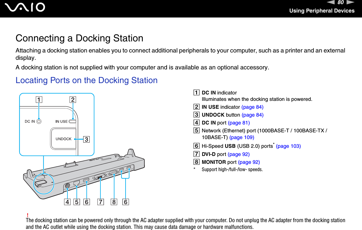 80nNUsing Peripheral DevicesConnecting a Docking StationAttaching a docking station enables you to connect additional peripherals to your computer, such as a printer and an external display.A docking station is not supplied with your computer and is available as an optional accessory.Locating Ports on the Docking Station!The docking station can be powered only through the AC adapter supplied with your computer. Do not unplug the AC adapter from the docking station and the AC outlet while using the docking station. This may cause data damage or hardware malfunctions. ADC IN indicatorIlluminates when the docking station is powered.BIN USE indicator (page 84)CUNDOCK button (page 84)DDC IN port (page 81)ENetwork (Ethernet) port (1000BASE-T / 100BASE-TX / 10BASE-T) (page 109)FHi-Speed USB (USB 2.0) ports* (page 103)GDVI-D port (page 92)HMONITOR port (page 92)* Support high-/full-/low- speeds.