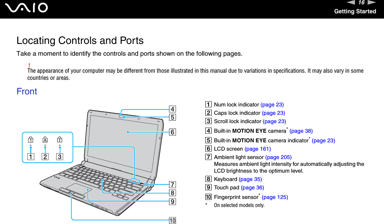 16nNGetting StartedLocating Controls and PortsTake a moment to identify the controls and ports shown on the following pages.!The appearance of your computer may be different from those illustrated in this manual due to variations in specifications. It may also vary in some countries or areas.FrontANum lock indicator (page 23)BCaps lock indicator (page 23)CScroll lock indicator (page 23)DBuilt-in MOTION EYE camera* (page 38)EBuilt-in MOTION EYE camera indicator* (page 23)FLCD screen (page 161)GAmbient light sensor (page 205)Measures ambient light intensity for automatically adjusting the LCD brightness to the optimum level.HKeyboard (page 35)ITouch pad (page 36)JFingerprint sensor* (page 125)* On selected models only.