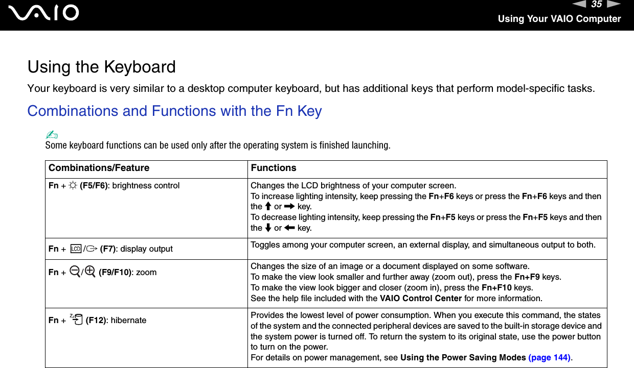 35nNUsing Your VAIO ComputerUsing the KeyboardYour keyboard is very similar to a desktop computer keyboard, but has additional keys that perform model-specific tasks.Combinations and Functions with the Fn Key✍Some keyboard functions can be used only after the operating system is finished launching.  Combinations/Feature FunctionsFn + 8 (F5/F6): brightness control Changes the LCD brightness of your computer screen.To increase lighting intensity, keep pressing the Fn+F6 keys or press the Fn+F6 keys and then the M or , key.To decrease lighting intensity, keep pressing the Fn+F5 keys or press the Fn+F5 keys and then the m or &lt; key.Fn +  /T (F7): display output Toggles among your computer screen, an external display, and simultaneous output to both.Fn +  /  (F9/F10): zoom Changes the size of an image or a document displayed on some software.To make the view look smaller and further away (zoom out), press the Fn+F9 keys.To make the view look bigger and closer (zoom in), press the Fn+F10 keys.See the help file included with the VAIO Control Center for more information.Fn +   (F12): hibernate Provides the lowest level of power consumption. When you execute this command, the states of the system and the connected peripheral devices are saved to the built-in storage device and the system power is turned off. To return the system to its original state, use the power button to turn on the power.For details on power management, see Using the Power Saving Modes (page 144).