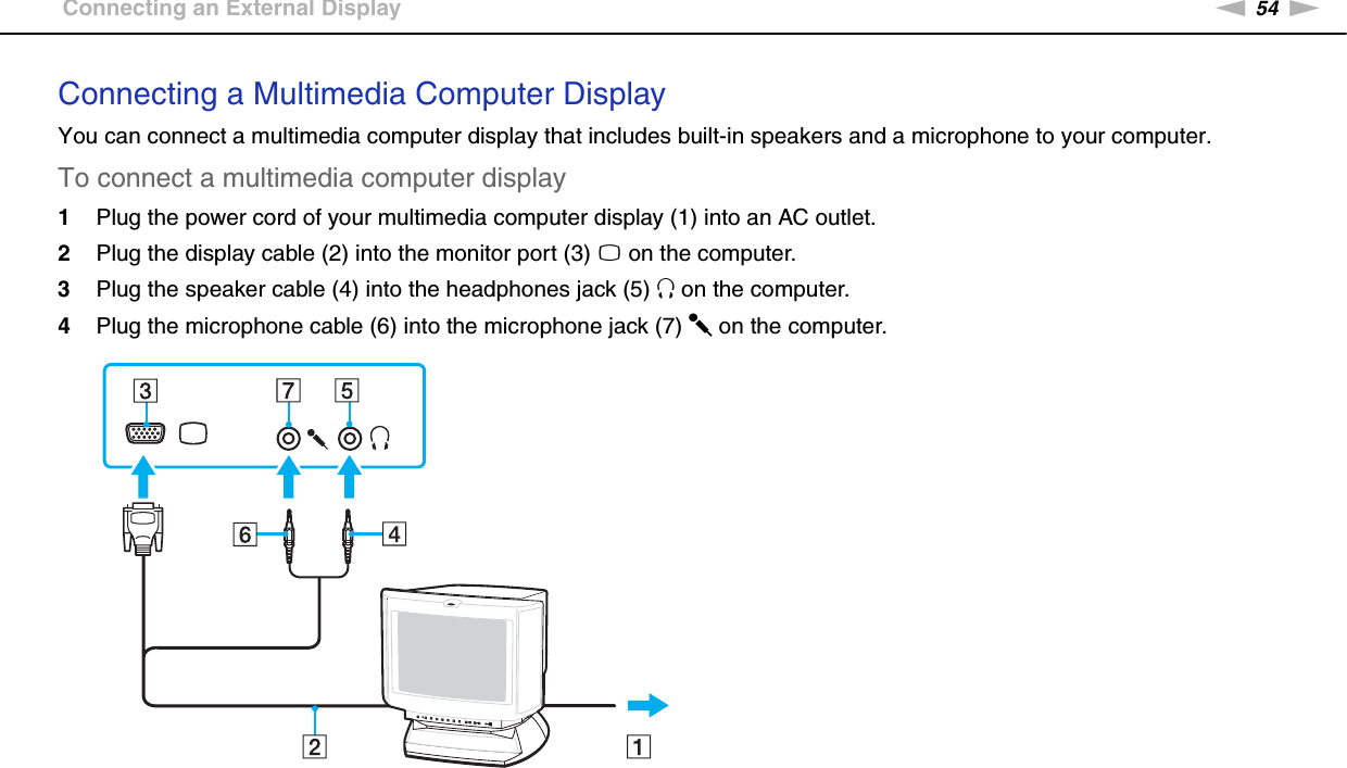 54nNUsing Peripheral Devices &gt;Connecting an External DisplayConnecting a Multimedia Computer DisplayYou can connect a multimedia computer display that includes built-in speakers and a microphone to your computer.To connect a multimedia computer display1Plug the power cord of your multimedia computer display (1) into an AC outlet.2Plug the display cable (2) into the monitor port (3) a on the computer.3Plug the speaker cable (4) into the headphones jack (5) i on the computer.4Plug the microphone cable (6) into the microphone jack (7) m on the computer. 
