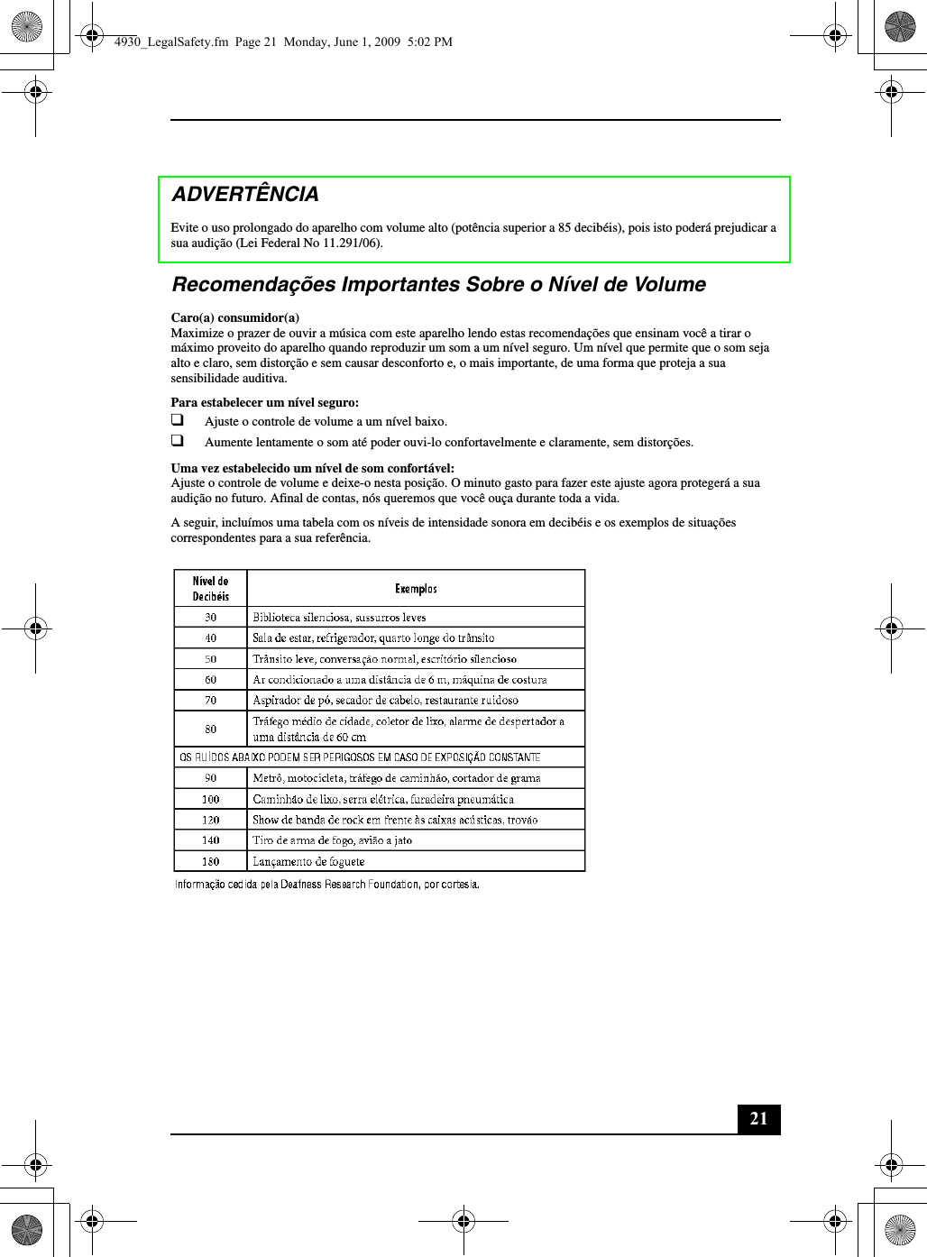 21ADVERTÊNCIAEvite o uso prolongado do aparelho com volume alto (potência superior a 85 decibéis), pois isto poderá prejudicar a sua audição (Lei Federal No 11.291/06).Recomendações Importantes Sobre o Nível de VolumeCaro(a) consumidor(a)Maximize o prazer de ouvir a música com este aparelho lendo estas recomendações que ensinam você a tirar o máximo proveito do aparelho quando reproduzir um som a um nível seguro. Um nível que permite que o som seja alto e claro, sem distorção e sem causar desconforto e, o mais importante, de uma forma que proteja a sua sensibilidade auditiva. Para estabelecer um nível seguro:❑Ajuste o controle de volume a um nível baixo.❑Aumente lentamente o som até poder ouvi-lo confortavelmente e claramente, sem distorções.Uma vez estabelecido um nível de som confortável:Ajuste o controle de volume e deixe-o nesta posição. O minuto gasto para fazer este ajuste agora protegerá a sua audição no futuro. Afinal de contas, nós queremos que você ouça durante toda a vida. A seguir, incluímos uma tabela com os níveis de intensidade sonora em decibéis e os exemplos de situações correspondentes para a sua referência.4930_LegalSafety.fm  Page 21  Monday, June 1, 2009  5:02 PM