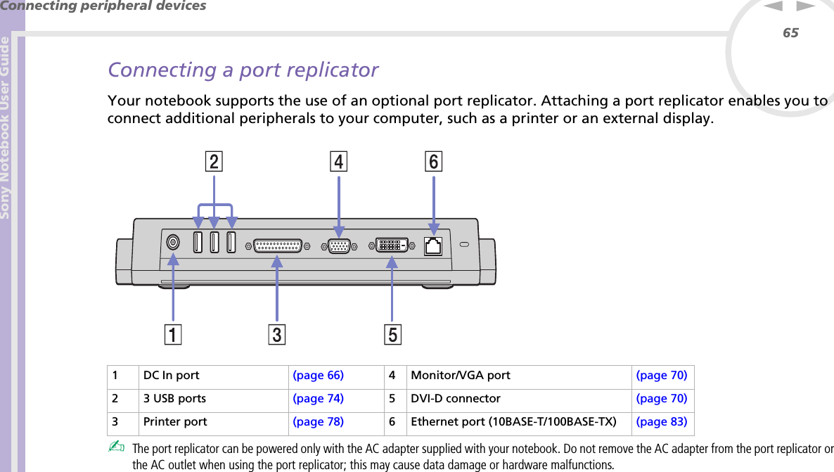 Sony Notebook User GuideConnecting peripheral devices65nNConnecting a port replicatorYour notebook supports the use of an optional port replicator. Attaching a port replicator enables you to connect additional peripherals to your computer, such as a printer or an external display. ✍The port replicator can be powered only with the AC adapter supplied with your notebook. Do not remove the AC adapter from the port replicator or the AC outlet when using the port replicator; this may cause data damage or hardware malfunctions.1 DC In port  (page 66) 4 Monitor/VGA port (page 70)2 3 USB ports (page 74) 5DVI-D connector (page 70)3 Printer port   (page 78) 6 Ethernet port (10BASE-T/100BASE-TX) (page 83)