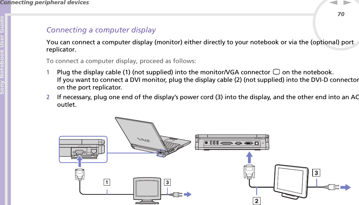 Sony Notebook User GuideConnecting peripheral devices70nNConnecting a computer displayYou can connect a computer display (monitor) either directly to your notebook or via the (optional) port replicator.To connect a computer display, proceed as follows:1Plug the display cable (1) (not supplied) into the monitor/VGA connector   on the notebook.If you want to connect a DVI monitor, plug the display cable (2) (not supplied) into the DVI-D connector on the port replicator.2If necessary, plug one end of the display’s power cord (3) into the display, and the other end into an AC outlet. 