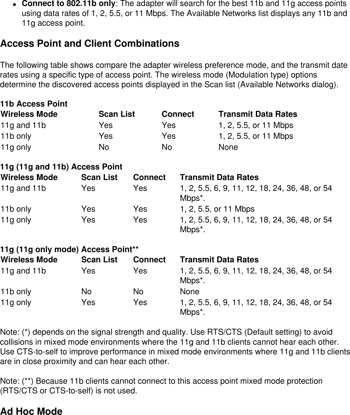 ●     Connect to 802.11b only: The adapter will search for the best 11b and 11g access points using data rates of 1, 2, 5.5, or 11 Mbps. The Available Networks list displays any 11b and 11g access point.Access Point and Client CombinationsThe following table shows compare the adapter wireless preference mode, and the transmit date rates using a specific type of access point. The wireless mode (Modulation type) options determine the discovered access points displayed in the Scan list (Available Networks dialog). 11b Access PointWireless Mode Scan List Connect Transmit Data Rates11g and 11b Yes Yes 1, 2, 5.5, or 11 Mbps11b only Yes Yes 1, 2, 5.5, or 11 Mbps11g only No No None 11g (11g and 11b) Access PointWireless Mode Scan List Connect Transmit Data Rates11g and 11b Yes Yes 1, 2, 5.5, 6, 9, 11, 12, 18, 24, 36, 48, or 54 Mbps*. 11b only Yes Yes 1, 2, 5.5, or 11 Mbps11g only Yes Yes 1, 2, 5.5, 6, 9, 11, 12, 18, 24, 36, 48, or 54 Mbps*.  11g (11g only mode) Access Point**Wireless Mode Scan List Connect Transmit Data Rates11g and 11b Yes Yes 1, 2, 5.5, 6, 9, 11, 12, 18, 24, 36, 48, or 54 Mbps*. 11b only No No None11g only Yes Yes 1, 2, 5.5, 6, 9, 11, 12, 18, 24, 36, 48, or 54 Mbps*.  Note: (*) depends on the signal strength and quality. Use RTS/CTS (Default setting) to avoid collisions in mixed mode environments where the 11g and 11b clients cannot hear each other. Use CTS-to-self to improve performance in mixed mode environments where 11g and 11b clients are in close proximity and can hear each other. Note: (**) Because 11b clients cannot connect to this access point mixed mode protection (RTS/CTS or CTS-to-self) is not used.Ad Hoc Mode