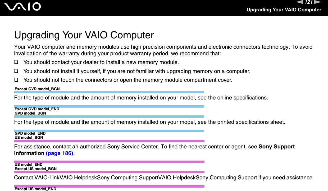 121nNUpgrading Your VAIO ComputerUpgrading Your VAIO ComputerYour VAIO computer and memory modules use high precision components and electronic connectors technology. To avoid invalidation of the warranty during your product warranty period, we recommend that:❑You should contact your dealer to install a new memory module.❑You should not install it yourself, if you are not familiar with upgrading memory on a computer.❑You should not touch the connectors or open the memory module compartment cover.Except GVD model_BGNFor the type of module and the amount of memory installed on your model, see the online specifications.Except GVD model_ENDGVD model_BGNFor the type of module and the amount of memory installed on your model, see the printed specifications sheet.GVD model_ENDUS model_BGNFor assistance, contact an authorized Sony Service Center. To find the nearest center or agent, see Sony Support Information (page 186).US model_ENDExcept US model_BGNContact VAIO-LinkVAIO HelpdeskSony Computing SupportVAIO HelpdeskSony Computing Support if you need assistance.Except US model_END