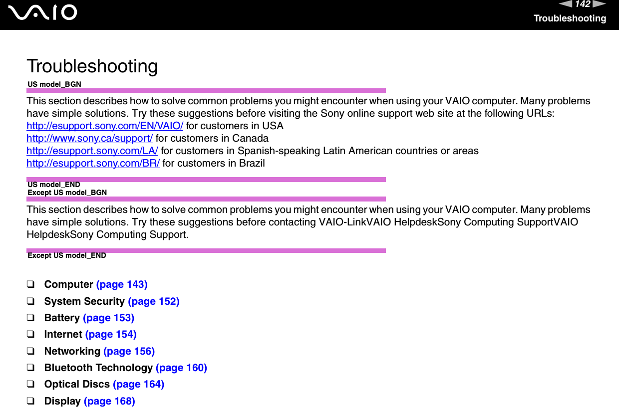 142nNTroubleshootingTroubleshootingUS model_BGNThis section describes how to solve common problems you might encounter when using your VAIO computer. Many problems have simple solutions. Try these suggestions before visiting the Sony online support web site at the following URLs:http://esupport.sony.com/EN/VAIO/ for customers in USAhttp://www.sony.ca/support/ for customers in Canadahttp://esupport.sony.com/LA/ for customers in Spanish-speaking Latin American countries or areashttp://esupport.sony.com/BR/ for customers in BrazilUS model_ENDExcept US model_BGNThis section describes how to solve common problems you might encounter when using your VAIO computer. Many problems have simple solutions. Try these suggestions before contacting VAIO-LinkVAIO HelpdeskSony Computing SupportVAIO HelpdeskSony Computing Support.Except US model_END❑Computer (page 143)❑System Security (page 152)❑Battery (page 153)❑Internet (page 154)❑Networking (page 156)❑Bluetooth Technology (page 160)❑Optical Discs (page 164)❑Display (page 168)