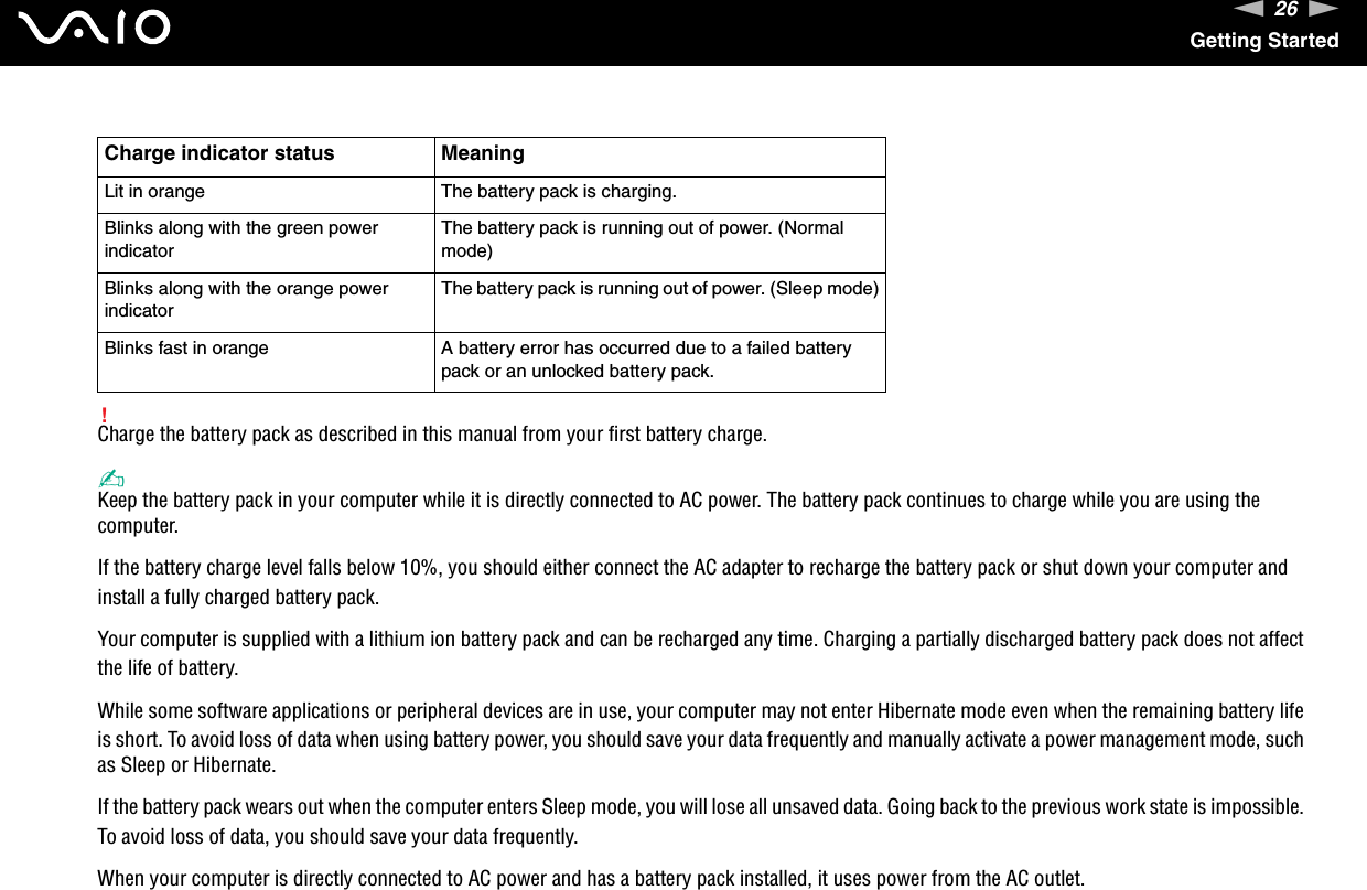 26nNGetting Started!Charge the battery pack as described in this manual from your first battery charge.✍Keep the battery pack in your computer while it is directly connected to AC power. The battery pack continues to charge while you are using the computer.If the battery charge level falls below 10%, you should either connect the AC adapter to recharge the battery pack or shut down your computer and install a fully charged battery pack.Your computer is supplied with a lithium ion battery pack and can be recharged any time. Charging a partially discharged battery pack does not affect the life of battery.While some software applications or peripheral devices are in use, your computer may not enter Hibernate mode even when the remaining battery life is short. To avoid loss of data when using battery power, you should save your data frequently and manually activate a power management mode, such as Sleep or Hibernate.If the battery pack wears out when the computer enters Sleep mode, you will lose all unsaved data. Going back to the previous work state is impossible. To avoid loss of data, you should save your data frequently.When your computer is directly connected to AC power and has a battery pack installed, it uses power from the AC outlet.Charge indicator status MeaningLit in orange The battery pack is charging.Blinks along with the green power indicatorThe battery pack is running out of power. (Normal mode)Blinks along with the orange power indicatorThe battery pack is running out of power. (Sleep mode)Blinks fast in orange A battery error has occurred due to a failed battery pack or an unlocked battery pack.