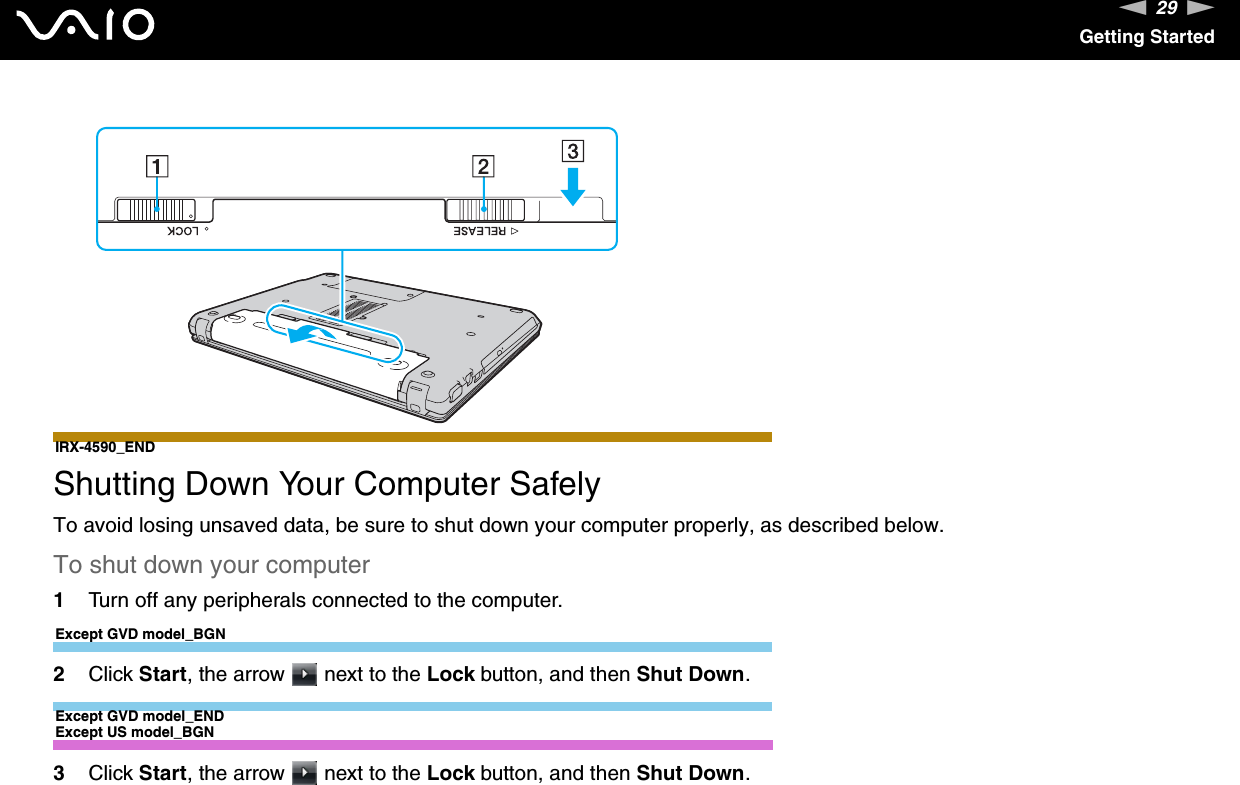 29nNGetting StartedIRX-4590_END  Shutting Down Your Computer SafelyTo avoid losing unsaved data, be sure to shut down your computer properly, as described below.To shut down your computer1Turn off any peripherals connected to the computer.Except GVD model_BGN2Click Start, the arrow   next to the Lock button, and then Shut Down.Except GVD model_ENDExcept US model_BGN3Click Start, the arrow   next to the Lock button, and then Shut Down.