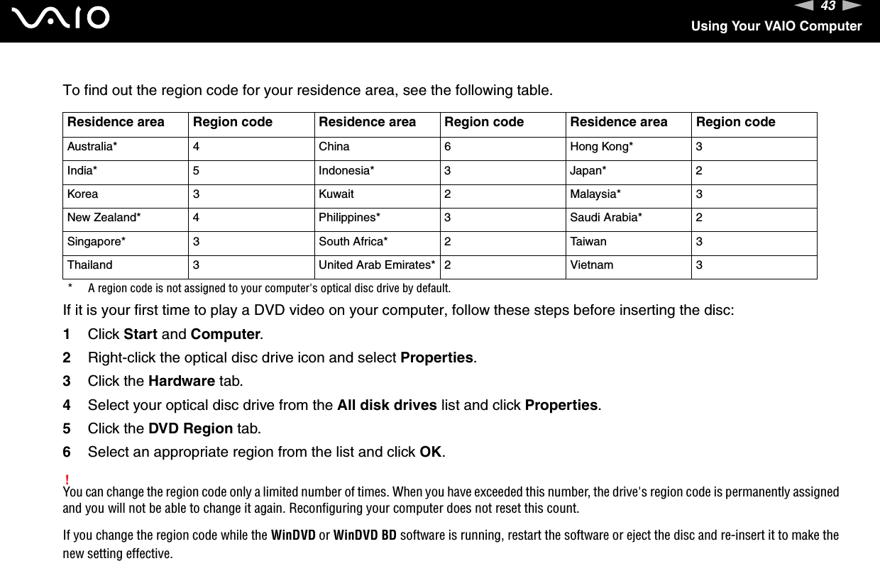 43nNUsing Your VAIO ComputerTo find out the region code for your residence area, see the following table.If it is your first time to play a DVD video on your computer, follow these steps before inserting the disc:1Click Start and Computer.2Right-click the optical disc drive icon and select Properties.3Click the Hardware tab.4Select your optical disc drive from the All disk drives list and click Properties.5Click the DVD Region tab.6Select an appropriate region from the list and click OK.!You can change the region code only a limited number of times. When you have exceeded this number, the drive&apos;s region code is permanently assigned and you will not be able to change it again. Reconfiguring your computer does not reset this count.If you change the region code while the WinDVD or WinDVD BD software is running, restart the software or eject the disc and re-insert it to make the new setting effective.Residence area Region code Residence area Region code Residence area Region codeAustralia* 4 China 6 Hong Kong* 3India* 5 Indonesia* 3 Japan* 2Korea 3 Kuwait 2 Malaysia* 3New Zealand* 4 Philippines* 3 Saudi Arabia* 2Singapore* 3 South Africa* 2 Taiwan 3Thailand 3 United Arab Emirates* 2 Vietnam 3* A region code is not assigned to your computer&apos;s optical disc drive by default.