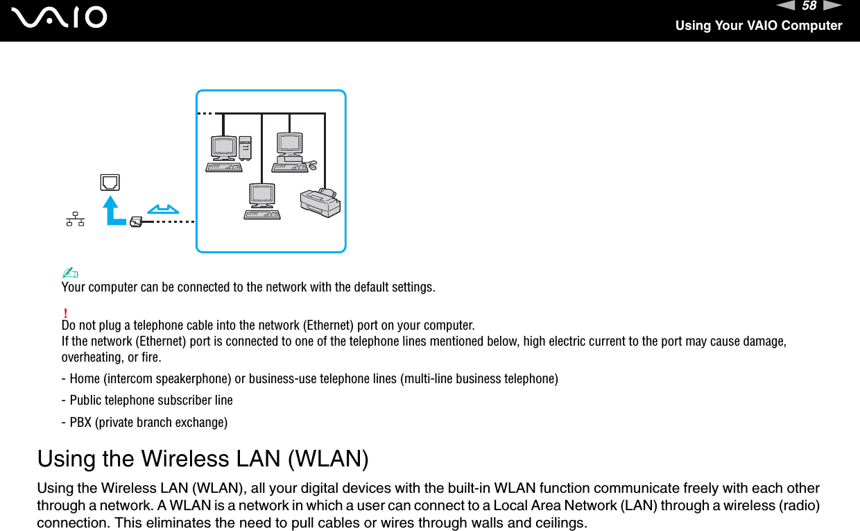 58nNUsing Your VAIO Computer✍Your computer can be connected to the network with the default settings.!Do not plug a telephone cable into the network (Ethernet) port on your computer.If the network (Ethernet) port is connected to one of the telephone lines mentioned below, high electric current to the port may cause damage, overheating, or fire.- Home (intercom speakerphone) or business-use telephone lines (multi-line business telephone)- Public telephone subscriber line- PBX (private branch exchange) Using the Wireless LAN (WLAN)Using the Wireless LAN (WLAN), all your digital devices with the built-in WLAN function communicate freely with each other through a network. A WLAN is a network in which a user can connect to a Local Area Network (LAN) through a wireless (radio) connection. This eliminates the need to pull cables or wires through walls and ceilings.