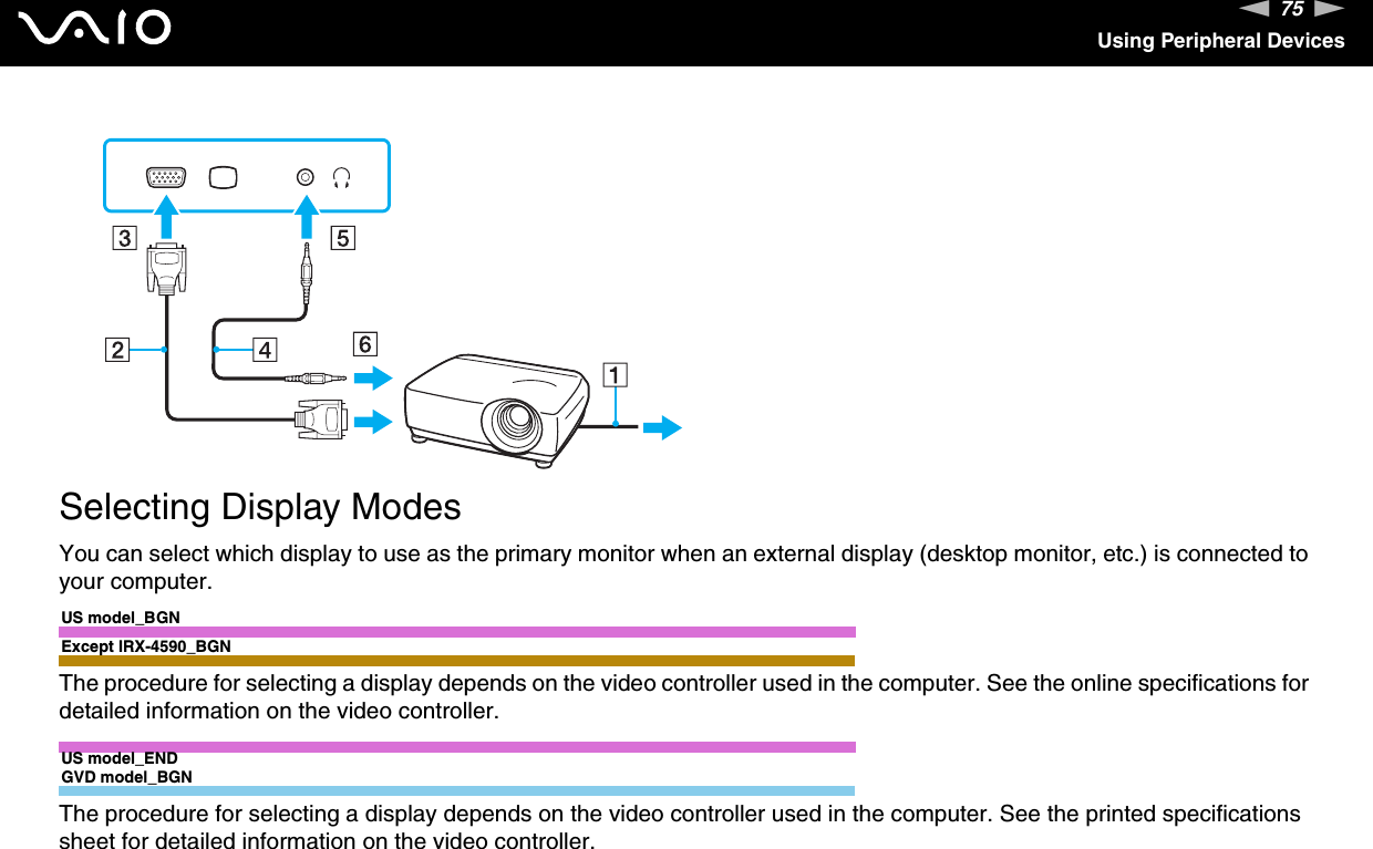 75nNUsing Peripheral Devices  Selecting Display ModesYou can select which display to use as the primary monitor when an external display (desktop monitor, etc.) is connected to your computer.US model_BGNExcept IRX-4590_BGNThe procedure for selecting a display depends on the video controller used in the computer. See the online specifications for detailed information on the video controller.US model_ENDGVD model_BGNThe procedure for selecting a display depends on the video controller used in the computer. See the printed specifications sheet for detailed information on the video controller.