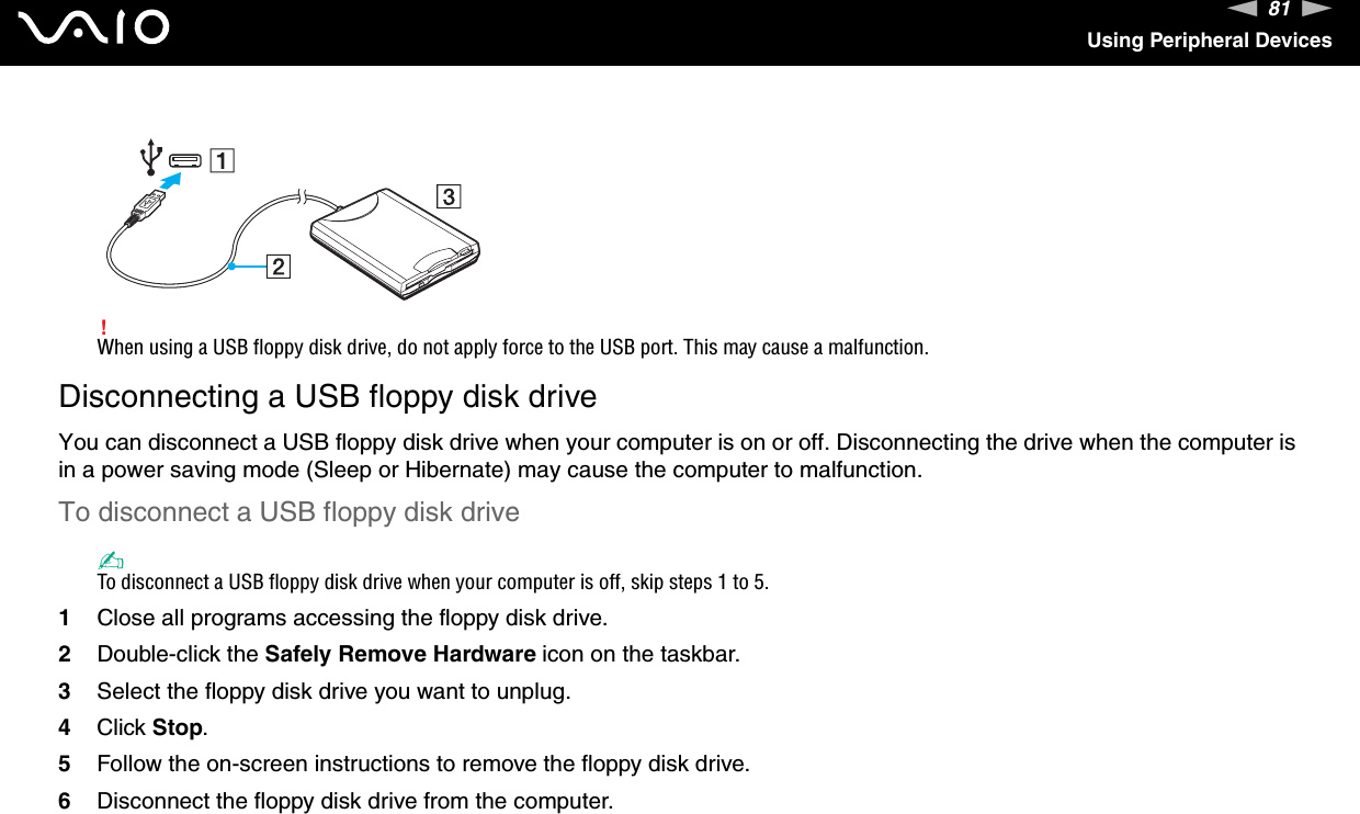 81nNUsing Peripheral Devices!When using a USB floppy disk drive, do not apply force to the USB port. This may cause a malfunction.Disconnecting a USB floppy disk driveYou can disconnect a USB floppy disk drive when your computer is on or off. Disconnecting the drive when the computer is in a power saving mode (Sleep or Hibernate) may cause the computer to malfunction.To disconnect a USB floppy disk drive✍To disconnect a USB floppy disk drive when your computer is off, skip steps 1 to 5.1Close all programs accessing the floppy disk drive.2Double-click the Safely Remove Hardware icon on the taskbar. 3Select the floppy disk drive you want to unplug.4Click Stop. 5Follow the on-screen instructions to remove the floppy disk drive.6Disconnect the floppy disk drive from the computer.  