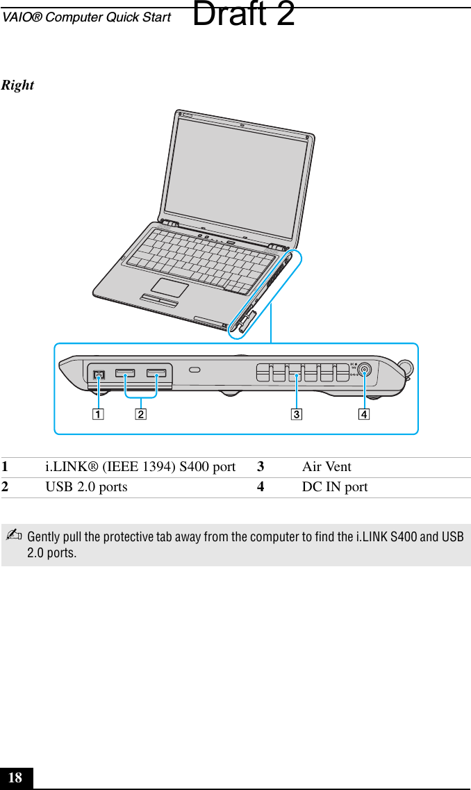 VAIO® Computer Quick Start18 Right1i.LINK® (IEEE 1394) S400 port 3Air Vent2USB 2.0 ports 4DC IN port✍Gently pull the protective tab away from the computer to find the i.LINK S400 and USB 2.0 ports.Draft 2