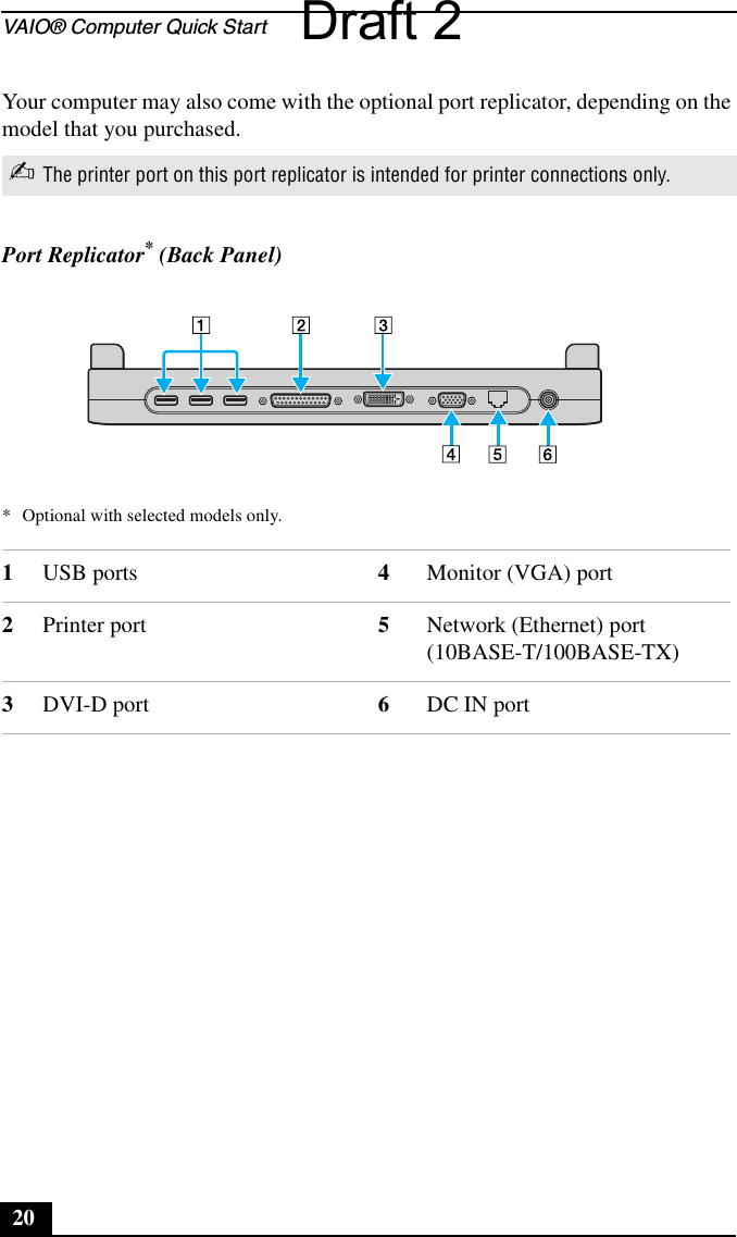 VAIO® Computer Quick Start20Your computer may also come with the optional port replicator, depending on the model that you purchased.✍The printer port on this port replicator is intended for printer connections only.Port Replicator* (Back Panel)* Optional with selected models only.1USB ports 4Monitor (VGA) port2Printer port 5Network (Ethernet) port (10BASE-T/100BASE-TX)3DVI-D port 6DC IN portDraft 2