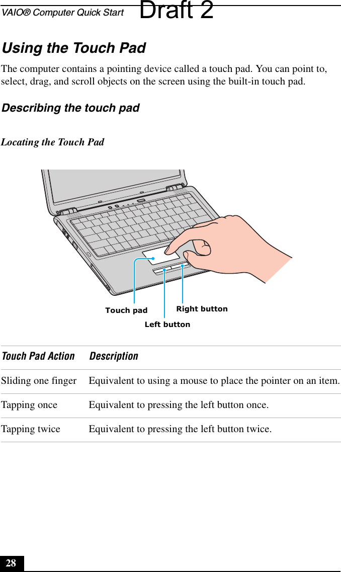 VAIO® Computer Quick Start28Using the Touch PadThe computer contains a pointing device called a touch pad. You can point to, select, drag, and scroll objects on the screen using the built-in touch pad.Describing the touch pad Locating the Touch PadTouch Pad Action DescriptionSliding one finger Equivalent to using a mouse to place the pointer on an item.Tapping once Equivalent to pressing the left button once.Tapping twice Equivalent to pressing the left button twice.Left buttonRight buttonTouch pad Draft 2