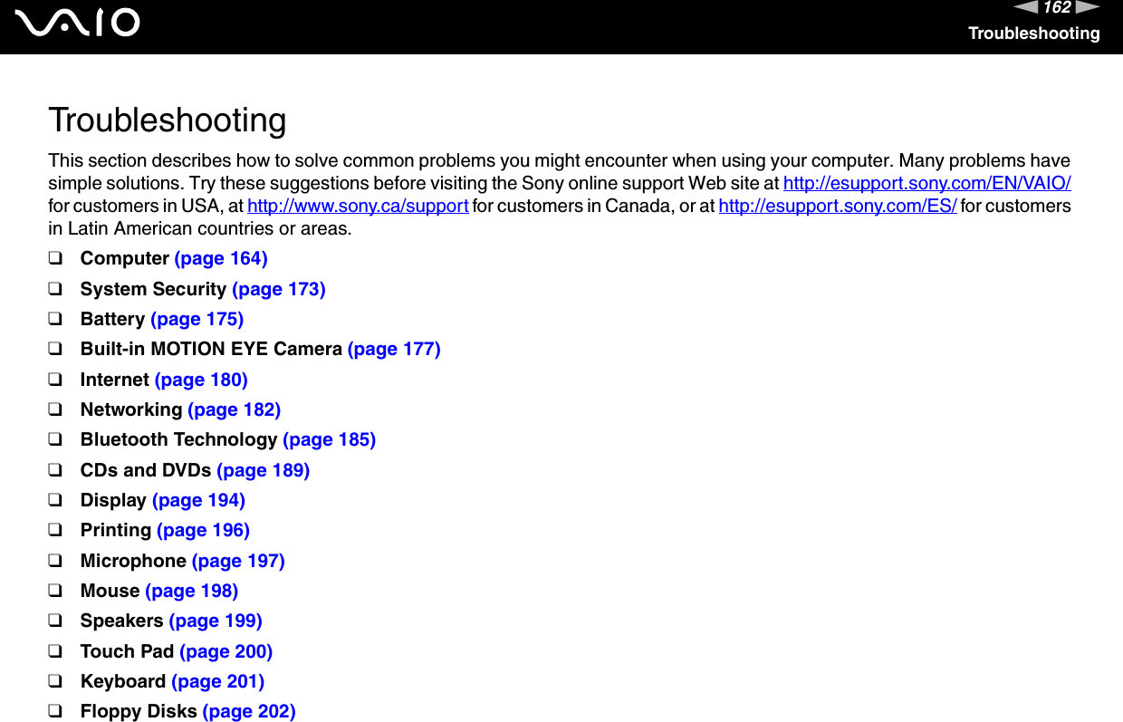 162nNTroubleshootingTroubleshootingThis section describes how to solve common problems you might encounter when using your computer. Many problems have simple solutions. Try these suggestions before visiting the Sony online support Web site at http://esupport.sony.com/EN/VAIO/ for customers in USA, at http://www.sony.ca/support for customers in Canada, or at http://esupport.sony.com/ES/ for customers in Latin American countries or areas.❑Computer (page 164)❑System Security (page 173)❑Battery (page 175)❑Built-in MOTION EYE Camera (page 177)❑Internet (page 180)❑Networking (page 182)❑Bluetooth Technology (page 185)❑CDs and DVDs (page 189)❑Display (page 194)❑Printing (page 196)❑Microphone (page 197)❑Mouse (page 198)❑Speakers (page 199)❑Touch Pad (page 200)❑Keyboard (page 201)❑Floppy Disks (page 202)