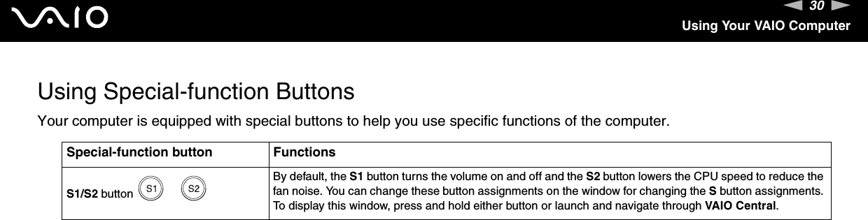 30nNUsing Your VAIO ComputerUsing Special-function ButtonsYour computer is equipped with special buttons to help you use specific functions of the computer. Special-function button FunctionsS1/S2 button By default, the S1 button turns the volume on and off and the S2 button lowers the CPU speed to reduce the fan noise. You can change these button assignments on the window for changing the S button assignments. To display this window, press and hold either button or launch and navigate through VAIO Central.