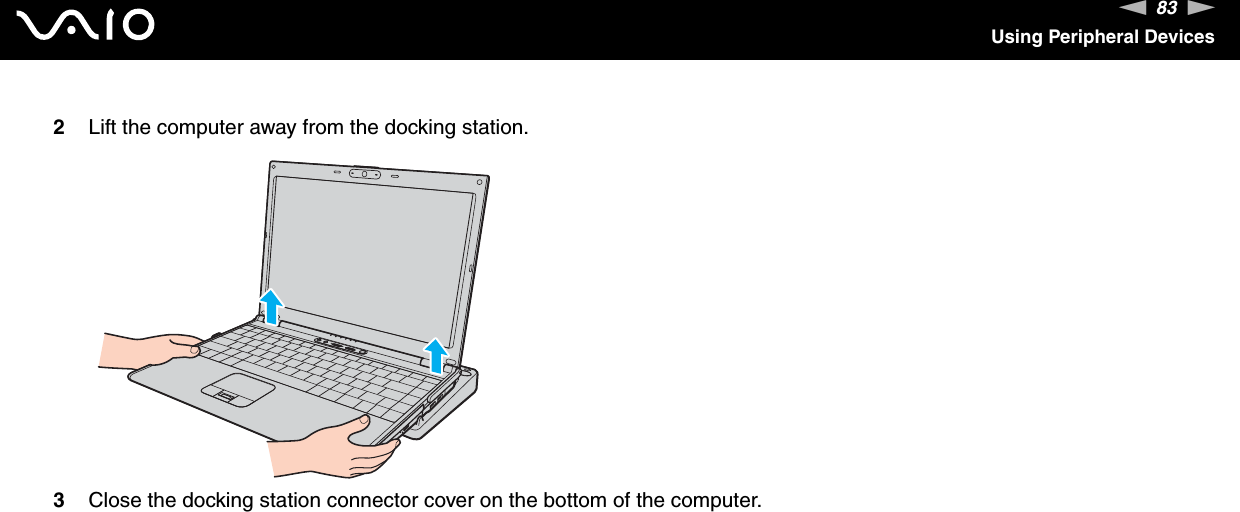 83nNUsing Peripheral Devices2Lift the computer away from the docking station.3Close the docking station connector cover on the bottom of the computer.