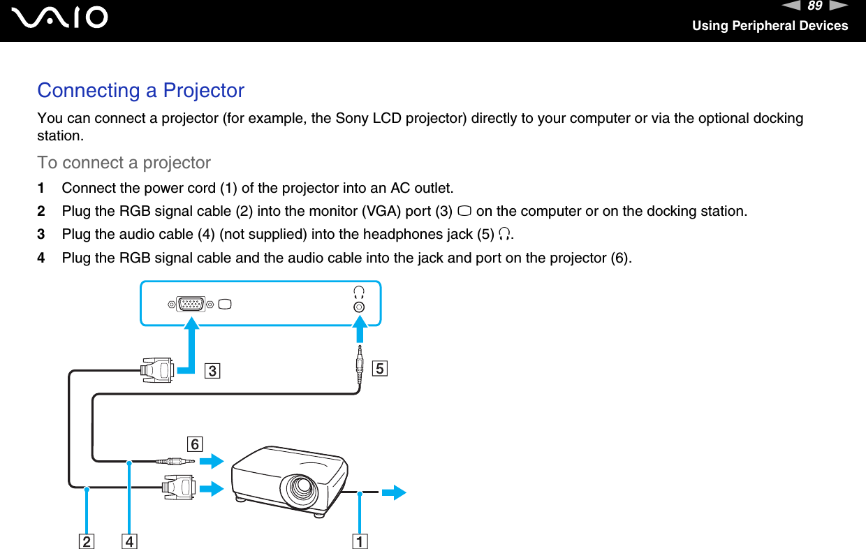 89nNUsing Peripheral DevicesConnecting a ProjectorYou can connect a projector (for example, the Sony LCD projector) directly to your computer or via the optional docking station.To connect a projector1Connect the power cord (1) of the projector into an AC outlet.2Plug the RGB signal cable (2) into the monitor (VGA) port (3) a on the computer or on the docking station.3Plug the audio cable (4) (not supplied) into the headphones jack (5) i.4Plug the RGB signal cable and the audio cable into the jack and port on the projector (6).  