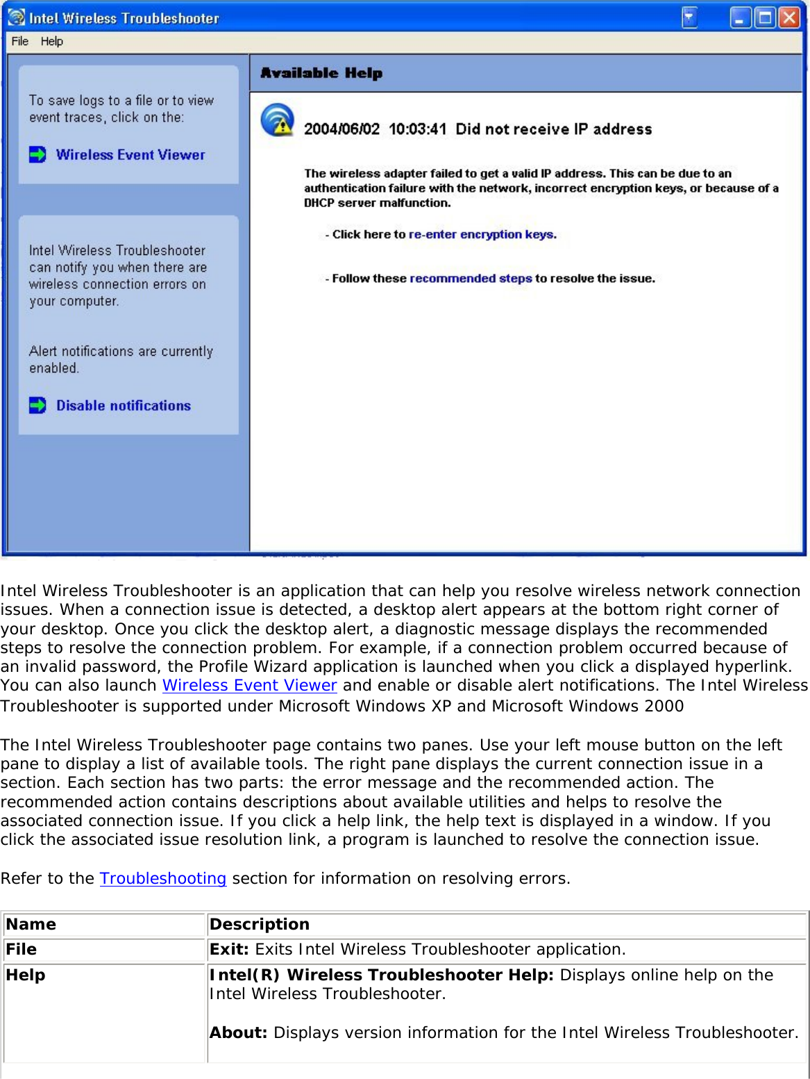  Intel Wireless Troubleshooter is an application that can help you resolve wireless network connection issues. When a connection issue is detected, a desktop alert appears at the bottom right corner of your desktop. Once you click the desktop alert, a diagnostic message displays the recommended steps to resolve the connection problem. For example, if a connection problem occurred because of an invalid password, the Profile Wizard application is launched when you click a displayed hyperlink. You can also launch Wireless Event Viewer and enable or disable alert notifications. The Intel Wireless Troubleshooter is supported under Microsoft Windows XP and Microsoft Windows 2000 The Intel Wireless Troubleshooter page contains two panes. Use your left mouse button on the left pane to display a list of available tools. The right pane displays the current connection issue in a section. Each section has two parts: the error message and the recommended action. The recommended action contains descriptions about available utilities and helps to resolve the associated connection issue. If you click a help link, the help text is displayed in a window. If you click the associated issue resolution link, a program is launched to resolve the connection issue. Refer to the Troubleshooting section for information on resolving errors. Name DescriptionFile Exit: Exits Intel Wireless Troubleshooter application.Help Intel(R) Wireless Troubleshooter Help: Displays online help on the Intel Wireless Troubleshooter. About: Displays version information for the Intel Wireless Troubleshooter.  