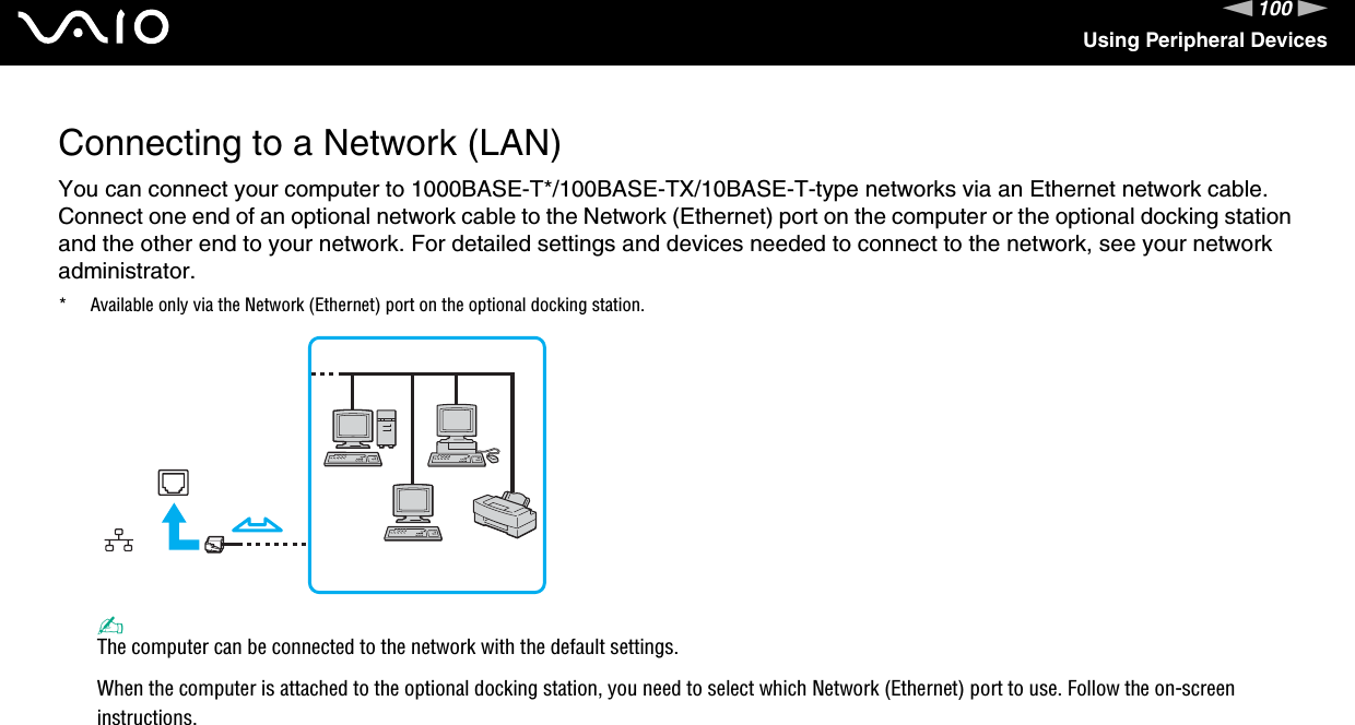 100nNUsing Peripheral DevicesConnecting to a Network (LAN)You can connect your computer to 1000BASE-T*/100BASE-TX/10BASE-T-type networks via an Ethernet network cable. Connect one end of an optional network cable to the Network (Ethernet) port on the computer or the optional docking station and the other end to your network. For detailed settings and devices needed to connect to the network, see your network administrator.* Available only via the Network (Ethernet) port on the optional docking station.✍The computer can be connected to the network with the default settings.When the computer is attached to the optional docking station, you need to select which Network (Ethernet) port to use. Follow the on-screen instructions.