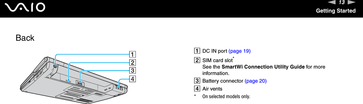13nNGetting StartedBackADC IN port (page 19)BSIM card slot*See the SmartWi Connection Utility Guide for more information.CBattery connector (page 20)DAir vents* On selected models only.