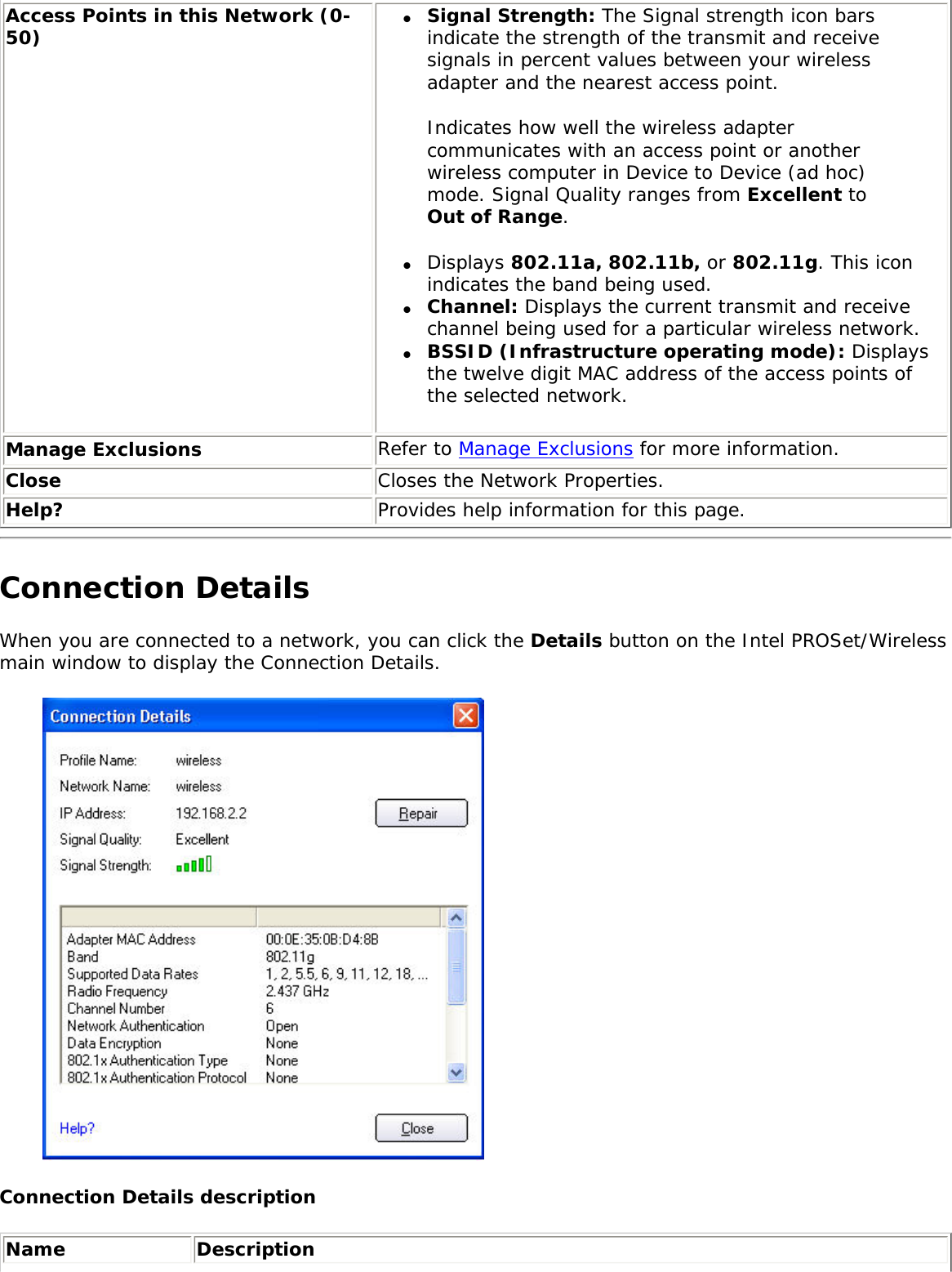 Access Points in this Network (0-50) ●     Signal Strength: The Signal strength icon bars indicate the strength of the transmit and receive signals in percent values between your wireless adapter and the nearest access point.Indicates how well the wireless adapter communicates with an access point or another wireless computer in Device to Device (ad hoc) mode. Signal Quality ranges from Excellent to Out of Range. ●     Displays 802.11a, 802.11b, or 802.11g. This icon indicates the band being used.●     Channel: Displays the current transmit and receive channel being used for a particular wireless network.●     BSSID (Infrastructure operating mode): Displays the twelve digit MAC address of the access points of the selected network. Manage Exclusions  Refer to Manage Exclusions for more information.Close  Closes the Network Properties.Help? Provides help information for this page.Connection Details When you are connected to a network, you can click the Details button on the Intel PROSet/Wireless main window to display the Connection Details.  Connection Details descriptionName Description