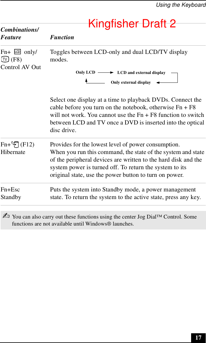 Using the Keyboard17Fn+ only/ (F8)Control AV OutToggles between LCD-only and dual LCD/TV display modes.Select one display at a time to playback DVDs. Connect the cable before you turn on the notebook, otherwise Fn + F8 will not work. You cannot use the Fn + F8 function to switch between LCD and TV once a DVD is inserted into the optical disc drive.Fn+  (F12)HibernateProvides for the lowest level of power consumption. When you run this command, the state of the system and state of the peripheral devices are written to the hard disk and the system power is turned off. To return the system to its original state, use the power button to turn on power. Fn+EscStandbyPuts the system into Standby mode, a power management state. To return the system to the active state, press any key. ✍You can also carry out these functions using the center Jog Dial™ Control. Some functions are not available until Windows® launches.Combinations/Feature FunctionOnly LCD LCD and external displayOnly external displayKingfisher Draft 2