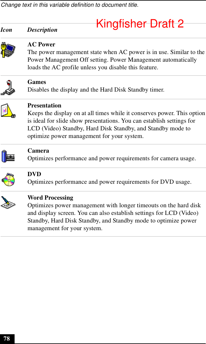 Change text in this variable definition to document title.78AC PowerThe power management state when AC power is in use. Similar to the Power Management Off setting. Power Management automatically loads the AC profile unless you disable this feature.GamesDisables the display and the Hard Disk Standby timer.PresentationKeeps the display on at all times while it conserves power. This option is ideal for slide show presentations. You can establish settings for LCD (Video) Standby, Hard Disk Standby, and Standby mode to optimize power management for your system.CameraOptimizes performance and power requirements for camera usage.DVDOptimizes performance and power requirements for DVD usage.Word Processing Optimizes power management with longer timeouts on the hard disk and display screen. You can also establish settings for LCD (Video) Standby, Hard Disk Standby, and Standby mode to optimize power management for your system.Icon DescriptionKingfisher Draft 2