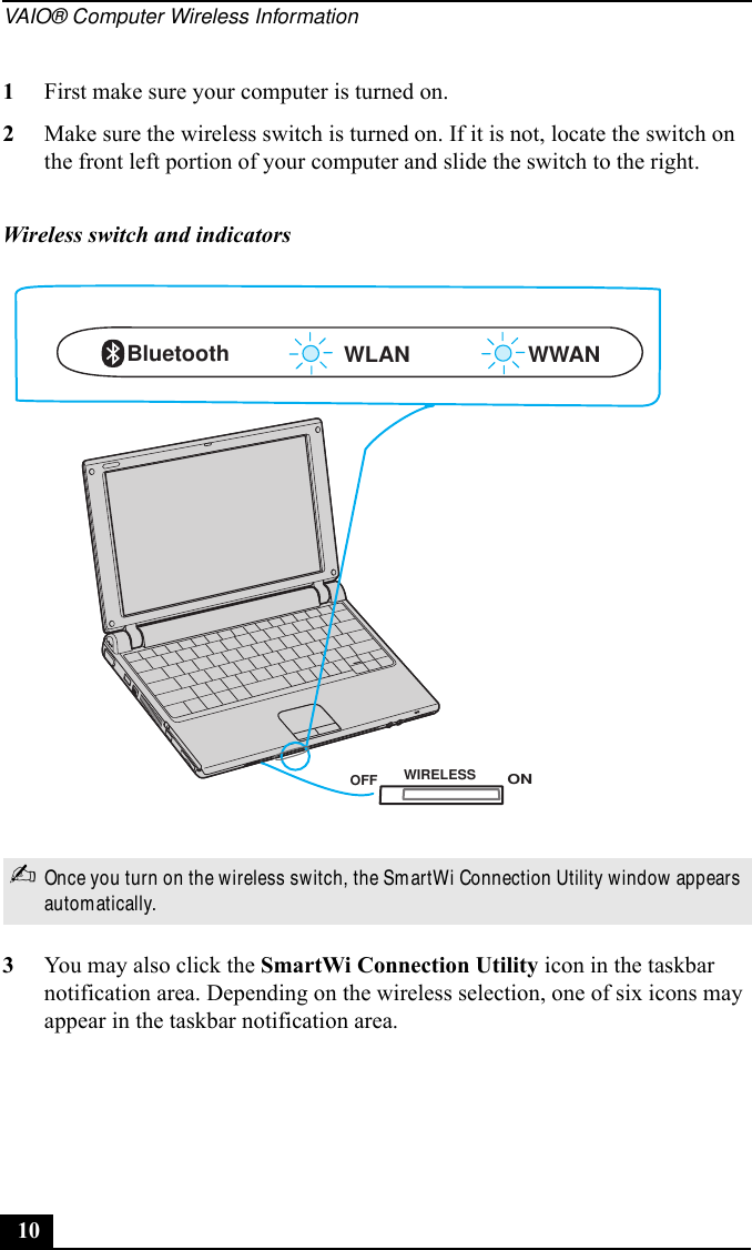 VAIO® Computer Wireless Information101First make sure your computer is turned on.2Make sure the wireless switch is turned on. If it is not, locate the switch on the front left portion of your computer and slide the switch to the right.3You may also click the SmartWi Connection Utility icon in the taskbar notification area. Depending on the wireless selection, one of six icons may appear in the taskbar notification area.Wireless switch and indicators✍Once you turn on the wireless switch, the SmartWi Connection Utility window appears automatically.WWANBluetooth WLAN OFFONWIRELESS