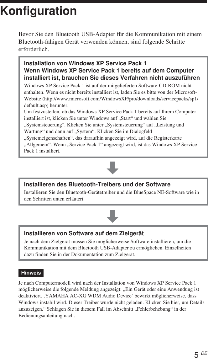 5 DEKonfigurationBevor Sie den Bluetooth USB-Adapter für die Kommunikation mit einemBluetooth-fähigen Gerät verwenden können, sind folgende Schritteerforderlich.Installation von Windows XP Service Pack 1Wenn Windows XP Service Pack 1 bereits auf dem Computerinstalliert ist, brauchen Sie dieses Verfahren nicht auszuführenWindows XP Service Pack 1 ist auf der mitgelieferten Software-CD-ROM nichtenthalten. Wenn es nicht bereits installiert ist, laden Sie es bitte von der Microsoft-Website (http://www.microsoft.com/WindowsXP/pro/downloads/servicepacks/sp1/default.asp) herunter.Um festzustellen, ob das Windows XP Service Pack 1 bereits auf Ihrem Computerinstalliert ist, klicken Sie unter Windows auf „Start“ und wählen Sie„Systemsteuerung“. Klicken Sie unter „Systemsteuerung“ auf „Leistung undWartung“ und dann auf „System“. Klicken Sie im Dialogfeld„Systemeigenschaften“, das daraufhin angezeigt wird, auf die Registerkarte„Allgemein“. Wenn „Service Pack 1“ angezeigt wird, ist das Windows XP ServicePack 1 installiert.Installieren des Bluetooth-Treibers und der SoftwareInstallieren Sie den Bluetooth-Gerätetreiber und die BlueSpace NE-Software wie inden Schritten unten erläutert.Installieren von Software auf dem ZielgerätJe nach dem Zielgerät müssen Sie möglicherweise Software installieren, um dieKommunikation mit dem Bluetooth USB-Adapter zu ermöglichen. Einzelheitendazu finden Sie in der Dokumentation zum Zielgerät.HinweisJe nach Computermodell wird nach der Installation von Windows XP Service Pack 1möglicherweise die folgende Meldung angezeigt: „Ein Gerät oder eine Anwendung istdeaktiviert. ‚YAMAHA AC-XG WDM Audio Device‘ bewirkt möglicherweise, dassWindows instabil wird. Dieser Treiber wurde nicht geladen. Klicken Sie hier, um Detailsanzuzeigen.“ Schlagen Sie in diesem Fall im Abschnitt „Fehlerbehebung“ in derBedienungsanleitung nach.