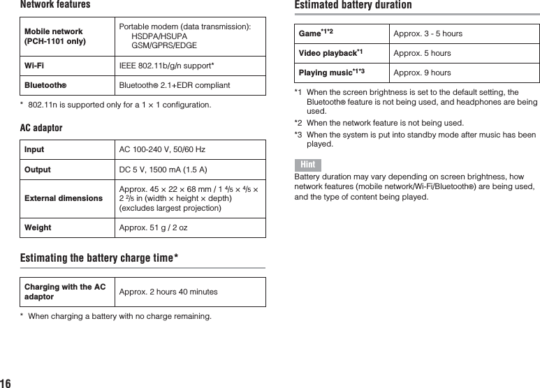 16Network features* 802.11n is supported only for a 1 × 1 configuration.AC adaptorEstimating the battery charge time** When charging a battery with no charge remaining.Estimated battery duration*1 When the screen brightness is set to the default setting, the Bluetooth® feature is not being used, and headphones are being used.*2 When the network feature is not being used.*3 When the system is put into standby mode after music has been played.HintBattery duration may vary depending on screen brightness, how network features (mobile network/Wi-Fi/Bluetooth®) are being used, and the type of content being played.Mobile network (PCH-1101 only)Portable modem (data transmission): HSDPA/HSUPAGSM/GPRS/EDGEWi-Fi IEEE 802.11b/g/n support*Bluetooth®Bluetooth® 2.1+EDR compliantInput AC 100-240 V, 50/60 HzOutput DC 5 V, 1500 mA (1.5 A)External dimensionsApprox. 45 × 22 × 68 mm / 1 4/5 × 4/5 × 2 2/5 in (width × height × depth) (excludes largest projection)Weight Approx. 51 g / 2 ozCharging with the AC adaptor Approx. 2 hours 40 minutesGame*1*2 Approx. 3 - 5 hoursVideo playback*1 Approx. 5 hoursPlaying music*1*3 Approx. 9 hours