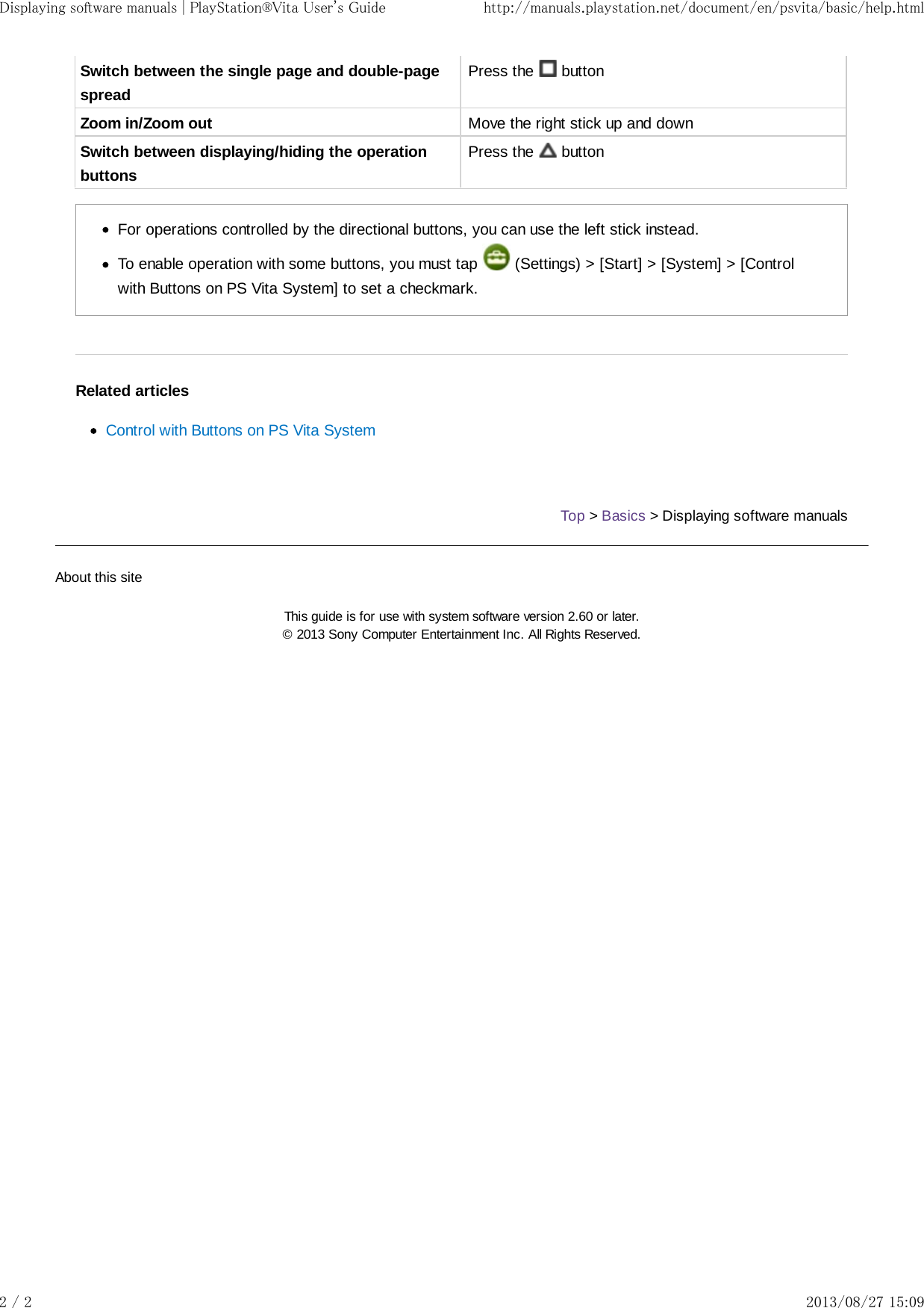 Switch between the single page and double-pagespreadPress the   buttonZoom in/Zoom out Move the right stick up and downSwitch between displaying/hiding the operationbuttonsPress the   buttonFor operations controlled by the directional buttons, you can use the left stick instead.To enable operation with some buttons, you must tap   (Settings) &gt; [Start] &gt; [System] &gt; [Controlwith Buttons on PS Vita System] to set a checkmark.Related articlesControl with Buttons on PS Vita SystemTop &gt; Basics &gt; Displaying software manualsAbout this siteThis guide is for use with system software version 2.60 or later.© 2013 Sony Computer Entertainment Inc. All Rights Reserved.Displaying software manuals | PlayStation®Vita User&apos;s Guide http://manuals.playstation.net/document/en/psvita/basic/help.html2 / 2 2013/08/27 15:09