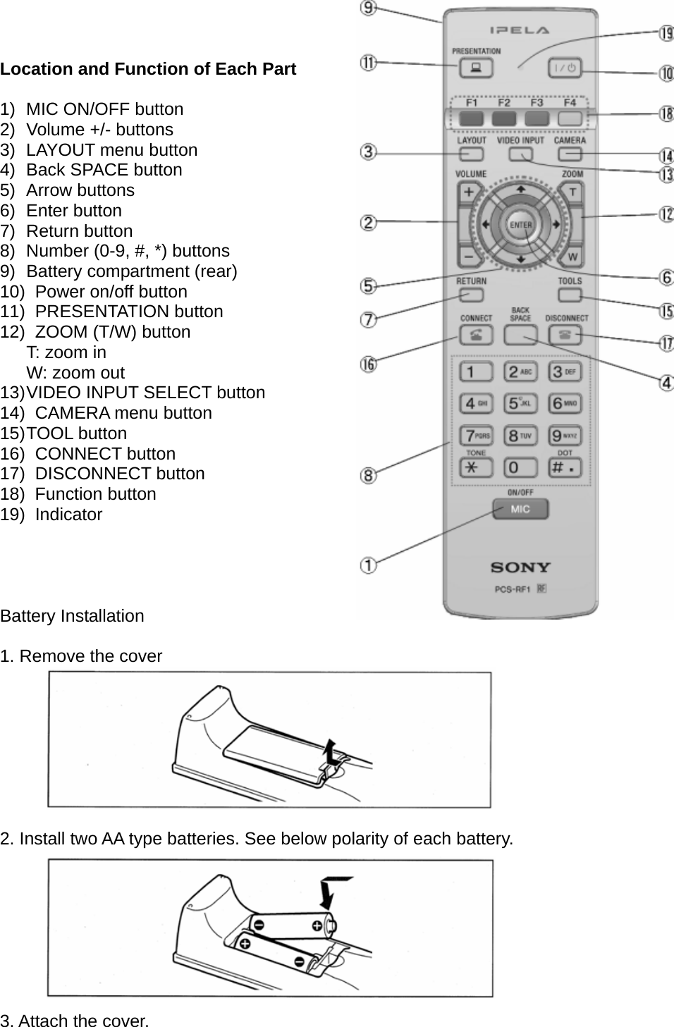        Location and Function of Each Part  1)  MIC ON/OFF button 2) Volume +/- buttons 3)  LAYOUT menu button 4)  Back SPACE button 5) Arrow buttons 6) Enter button 7) Return button 8)  Number (0-9, #, *) buttons 9) Battery compartment (rear) 10)   Power on/off button 11)   PRESENTATION  button 12)   ZOOM (T/W) button T: zoom in W: zoom out 13) VIDEO INPUT SELECT button 14)   CAMERA menu button 15) TOOL  button 16)   CONNECT  button 17)   DISCONNECT  button 18)   Function  button 19)   Indicator     Battery Installation  1. Remove the cover         2. Install two AA type batteries. See below polarity of each battery.         3. Attach the cover. 