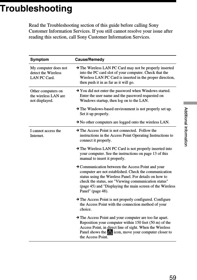 59Additional informationTroubleshootingRead the Troubleshooting section of this guide before calling SonyCustomer Information Services. If you still cannot resolve your issue afterreading this section, call Sony Customer Information Services.Symptom Cause/RemedyMy computer does notdetect the WirelessLAN PC Card.Other computers onthe wireless LAN arenot displayed.I cannot access theInternet.cThe Wireless LAN PC Card may not be properly insertedinto the PC card slot of your computer. Check that theWireless LAN PC Card is inserted in the proper direction,then push it in as far as it will go.cYou did not enter the password when Windows started.Enter the user name and the password requested onWindows startup, then log on to the LAN.cThe Windows-based environment is not properly set up.Set it up properly.cNo other computers are logged onto the wireless LAN.cThe Access Point is not connected.  Follow theinstructions in the Access Point Operating Instructions toconnect it properly.cThe Wireless LAN PC Card is not properly inserted intoyour computer. See the instructions on page 13 of thismanual to insert it properly.cCommunication between the Access Point and yourcomputer are not established. Check the communicationstatus using the Wireless Panel. For details on how tocheck the status, see &quot;Viewing communication status&quot;(page 45) and &quot;Displaying the main screen of the WirelessPanel&quot; (page 48).cThe Access Point is not properly configured. Configurethe Access Point with the connection method of yourchoice.cThe Access Point and your computer are too far apart.Reposition your computer within 150 feet (50 m) of theAccess Point, in direct line of sight. When the WirelessPanel shows the   icon, move your computer closer tothe Access Point.