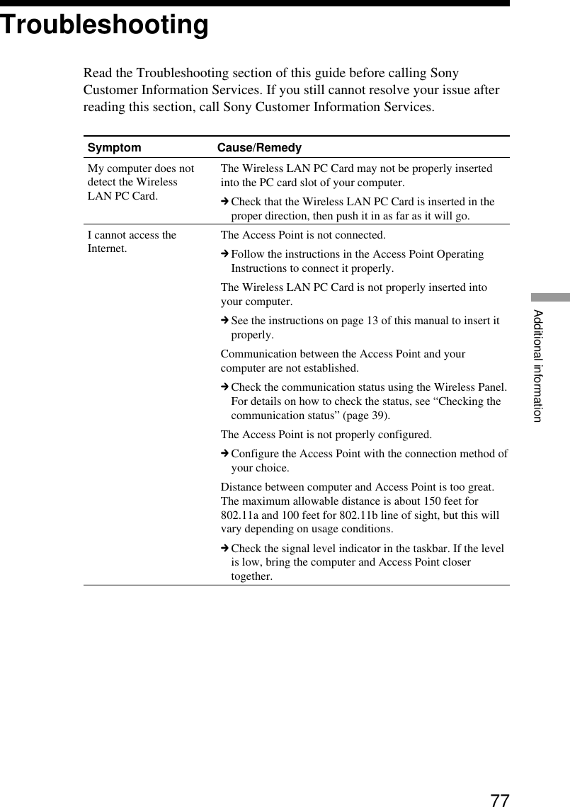 77Additional informationTroubleshootingRead the Troubleshooting section of this guide before calling SonyCustomer Information Services. If you still cannot resolve your issue afterreading this section, call Sony Customer Information Services.Symptom Cause/RemedyMy computer does notdetect the WirelessLAN PC Card.I cannot access theInternet.The Wireless LAN PC Card may not be properly insertedinto the PC card slot of your computer.cCheck that the Wireless LAN PC Card is inserted in theproper direction, then push it in as far as it will go.The Access Point is not connected.cFollow the instructions in the Access Point OperatingInstructions to connect it properly.The Wireless LAN PC Card is not properly inserted intoyour computer.cSee the instructions on page 13 of this manual to insert itproperly.Communication between the Access Point and yourcomputer are not established.cCheck the communication status using the Wireless Panel.For details on how to check the status, see “Checking thecommunication status” (page 39).The Access Point is not properly configured.cConfigure the Access Point with the connection method ofyour choice.Distance between computer and Access Point is too great.The maximum allowable distance is about 150 feet for802.11a and 100 feet for 802.11b line of sight, but this willvary depending on usage conditions.cCheck the signal level indicator in the taskbar. If the levelis low, bring the computer and Access Point closertogether.